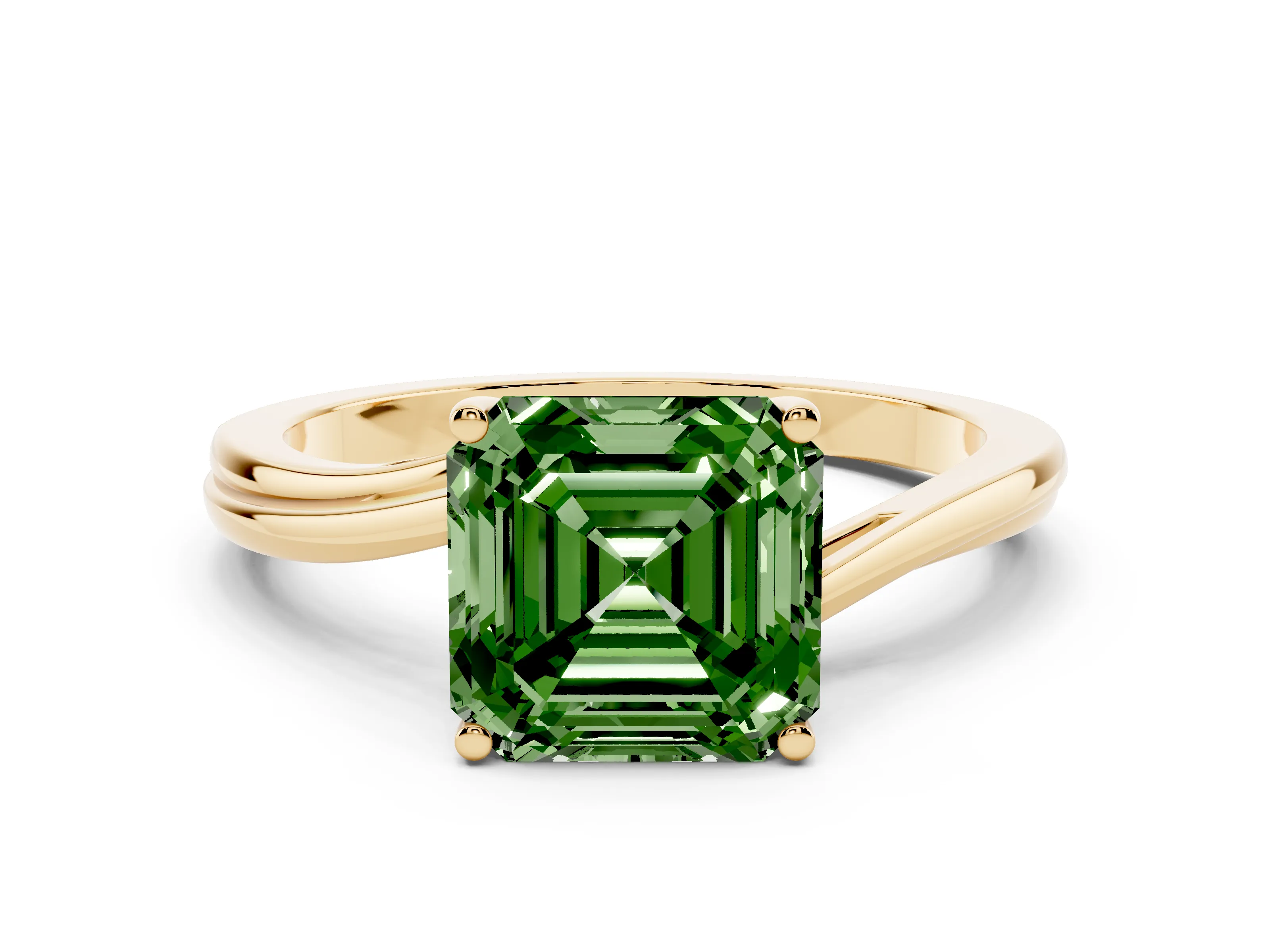 Fancy Green Asscher Cut Diamond Solitaire Twist Band Ring Set in Yellow gold with Prong Setting