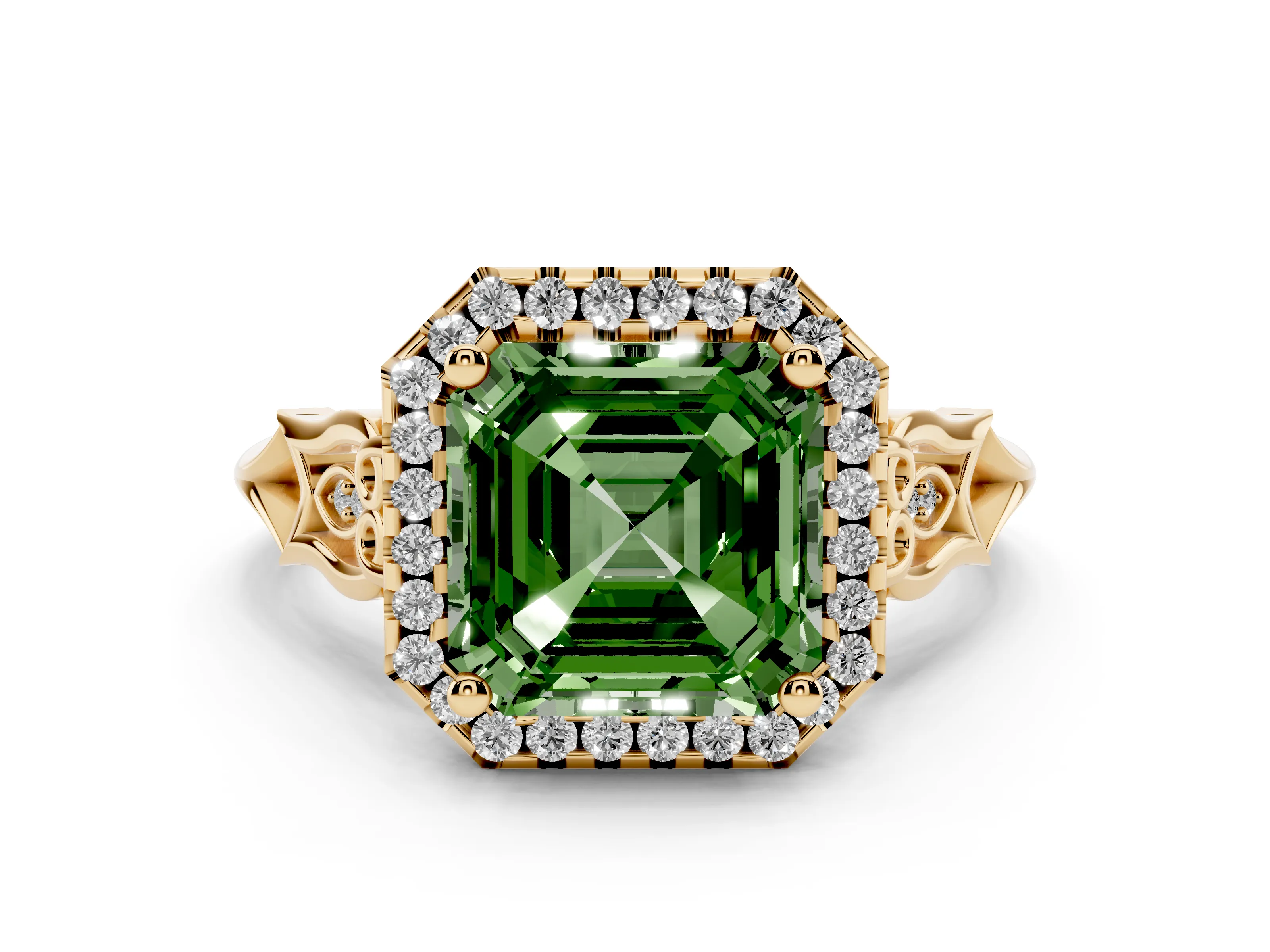 Fancy Green Asscher Cut Diamond Halo Engagement Ring Set in Yellow gold with Filigree Band and Prong-Set Center