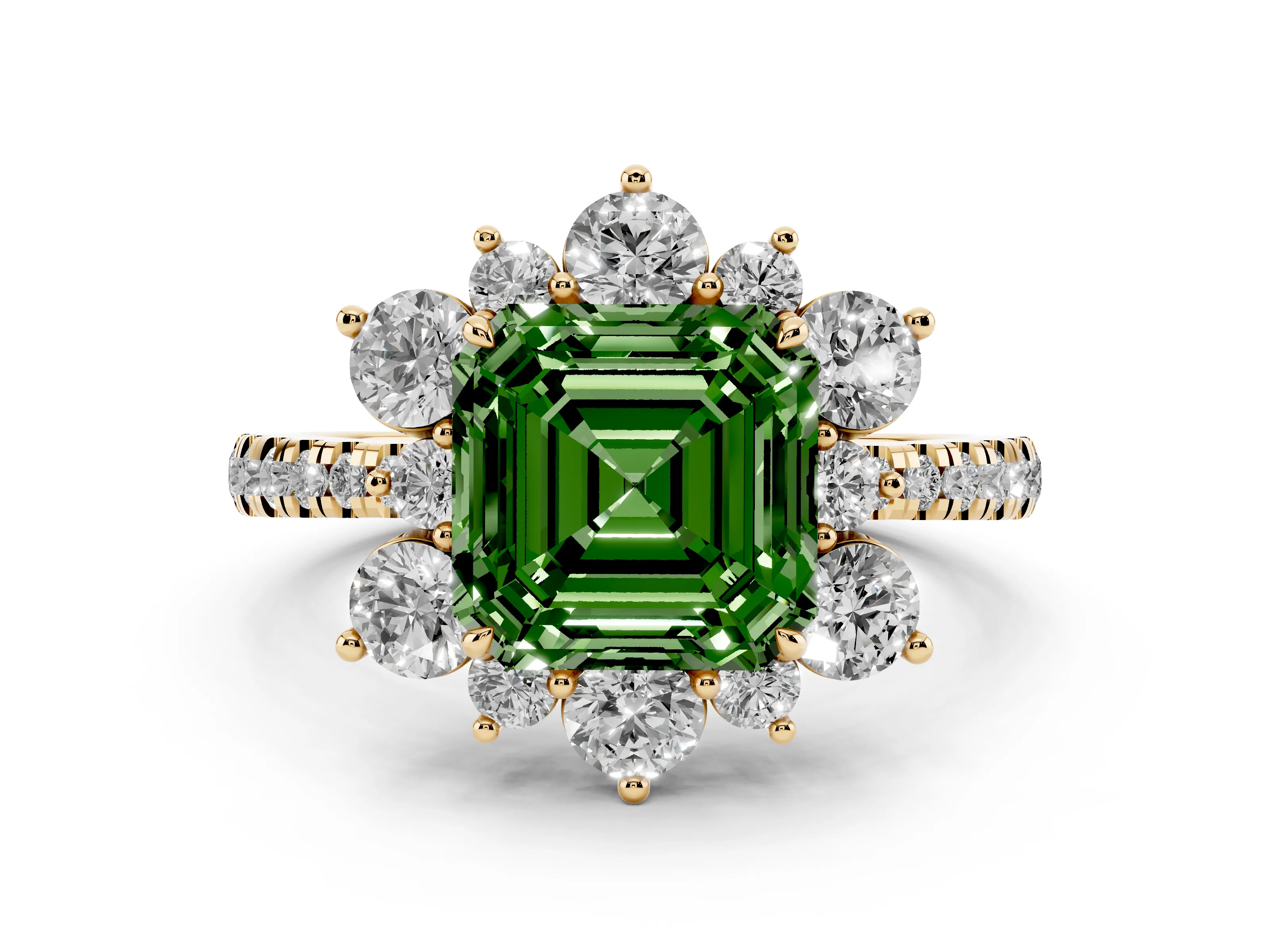Fancy Green Asscher Cut Diamond Floral Halo Ring Set in Yellow gold with Round Pavé Band and Prong Setting