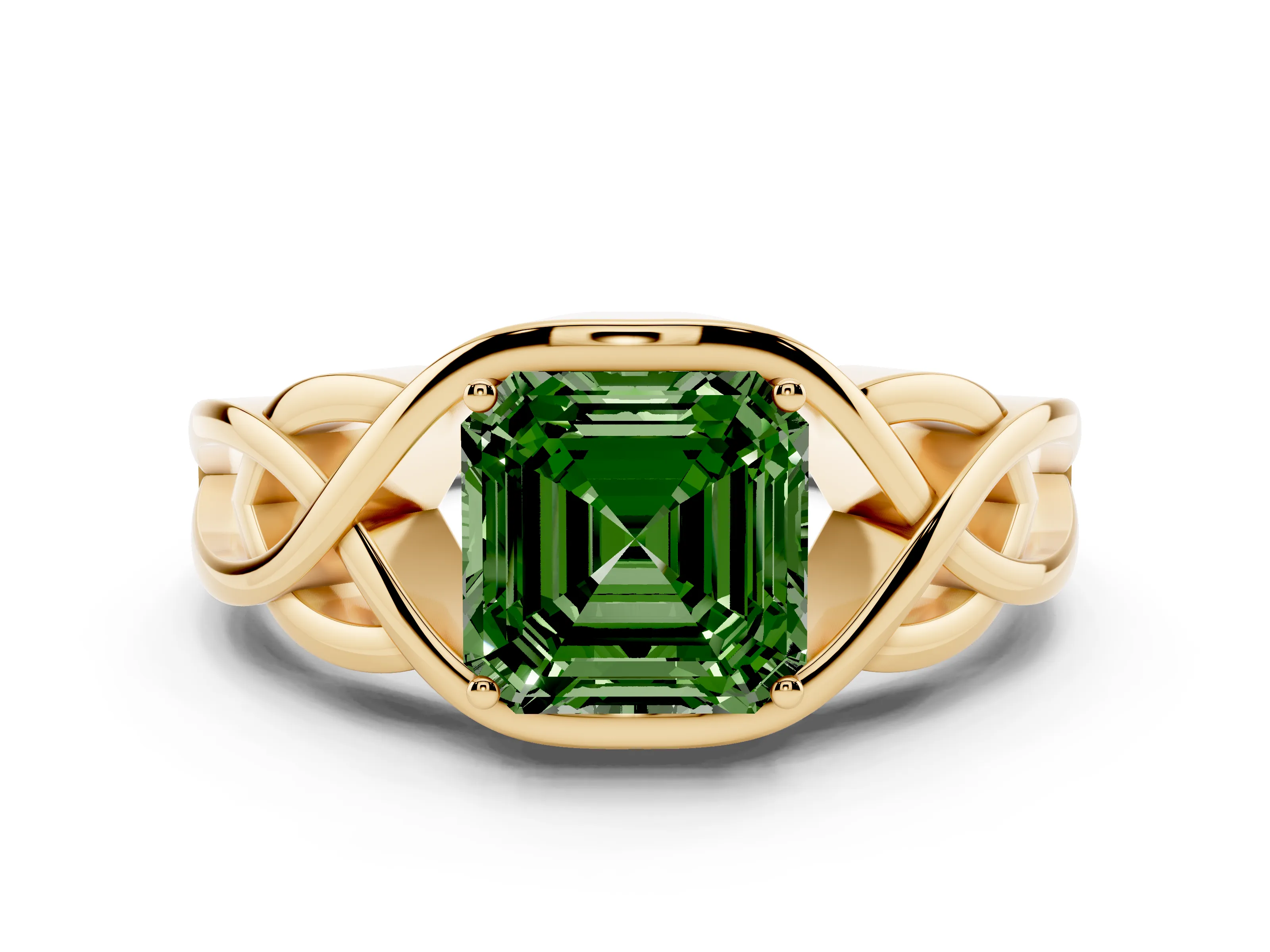 Fancy Green Asscher Cut Diamond Solitaire Ring Set in Yellow gold with Intertwined Band