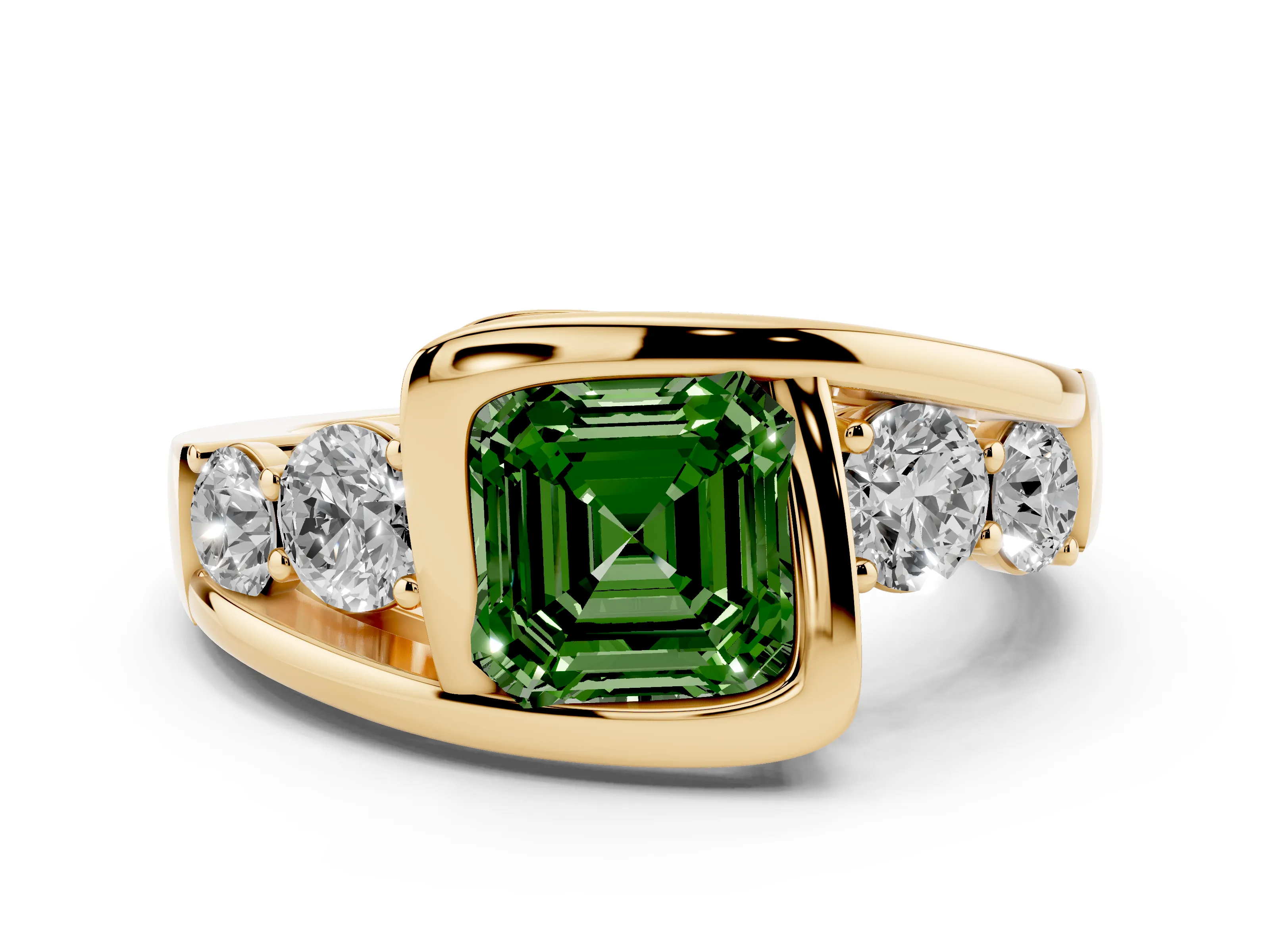 Fancy Green Asscher Cut Diamond Bezel Bypass Ring Set in Yellow gold with Round Accents