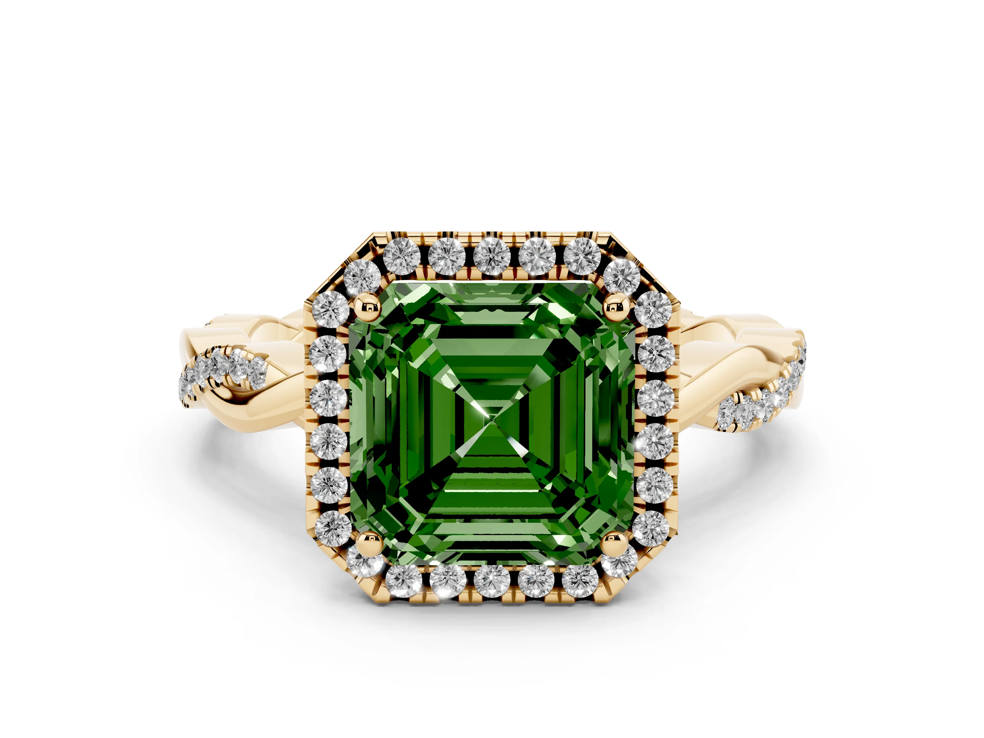 Fancy Green Asscher Cut Diamond Halo Twisted Band Ring Set in Yellow gold with Prong Setting