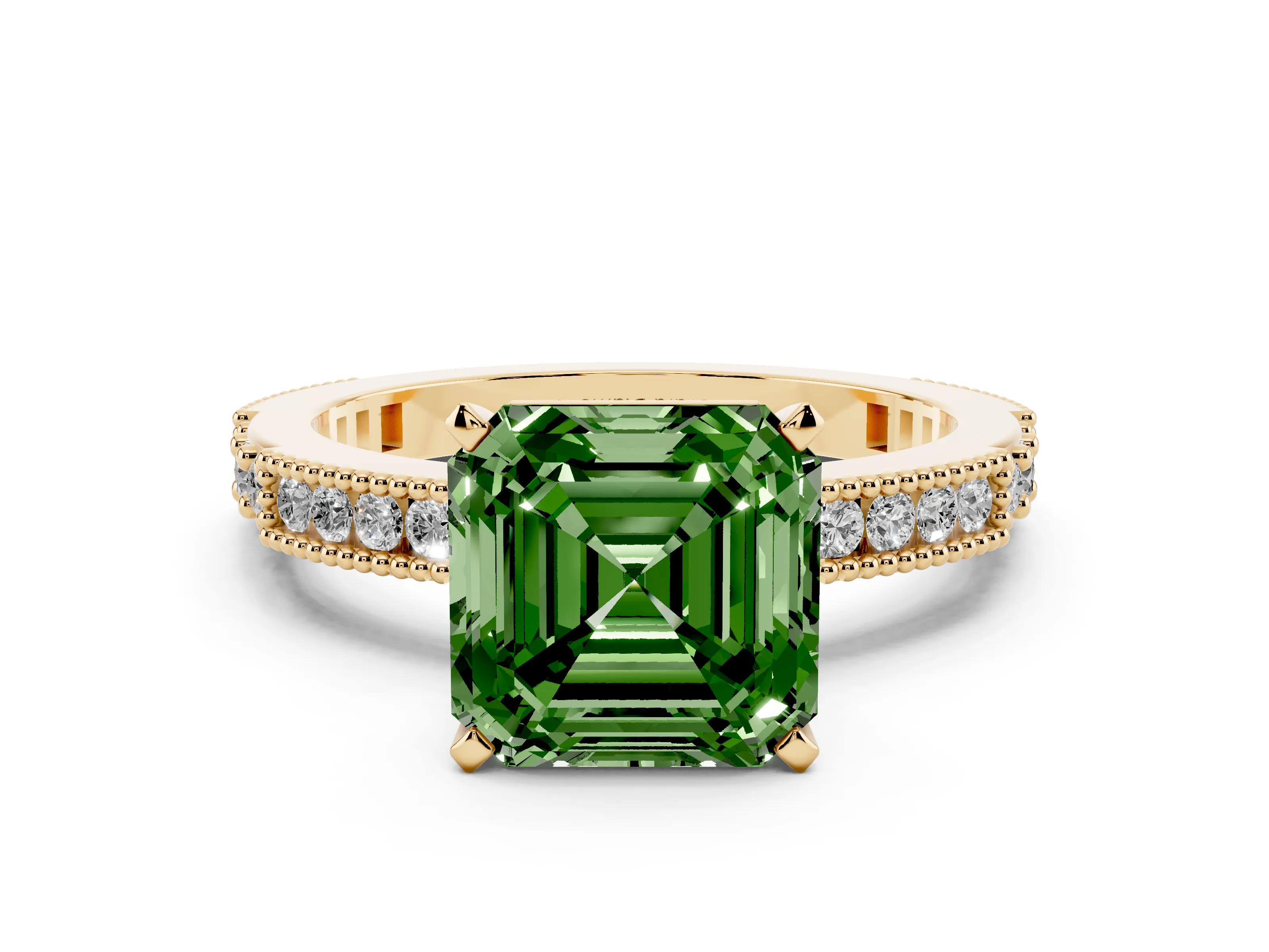 Fancy Green Asscher Cut Diamond Solitaire Ring Set in Yellow gold with Slim Pavé Band and Prong Setting