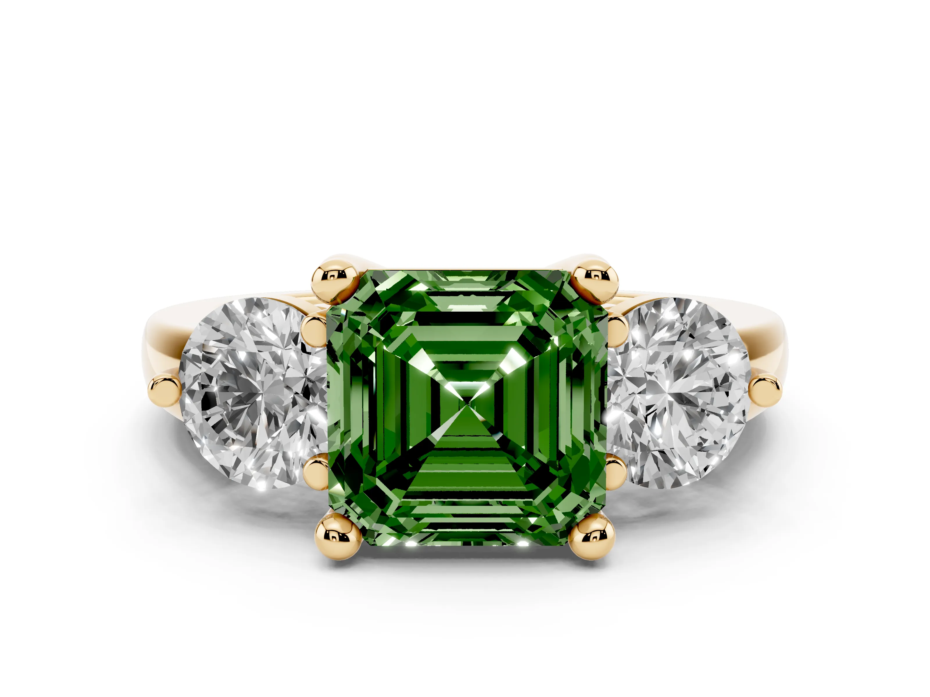 Fancy Green Asscher Cut Diamond Three-Stone Ring Set in Yellow gold with Prong Setting and Classic Band