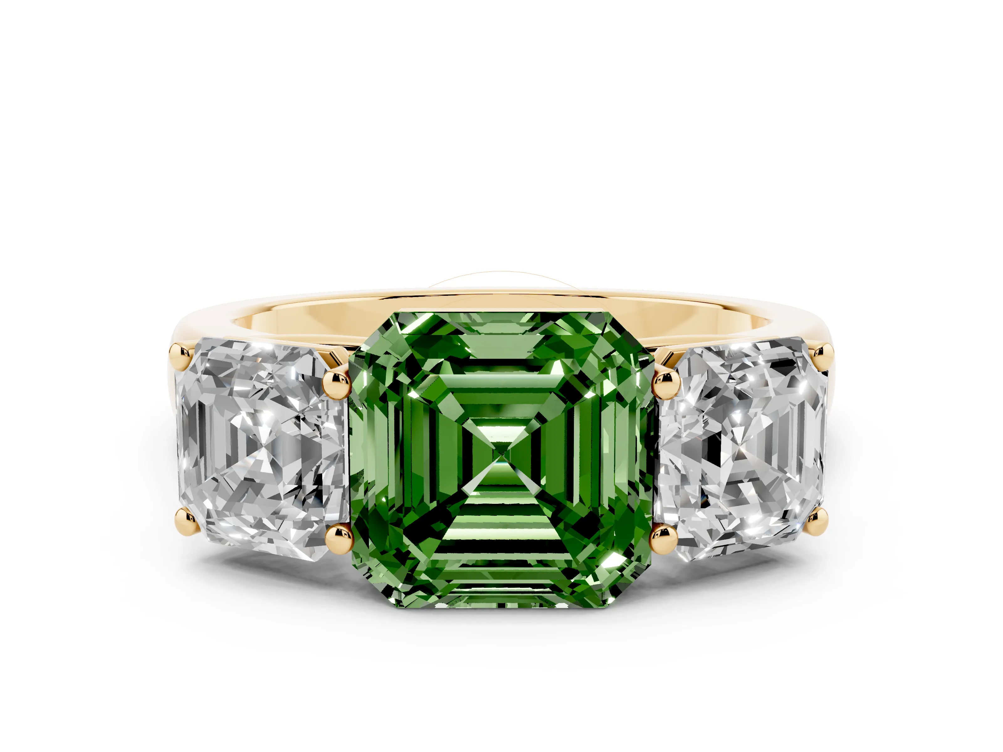 Fancy Green Asscher Cut Diamond Three-Stone Ring Set in Yellow gold with Plain Polished Band