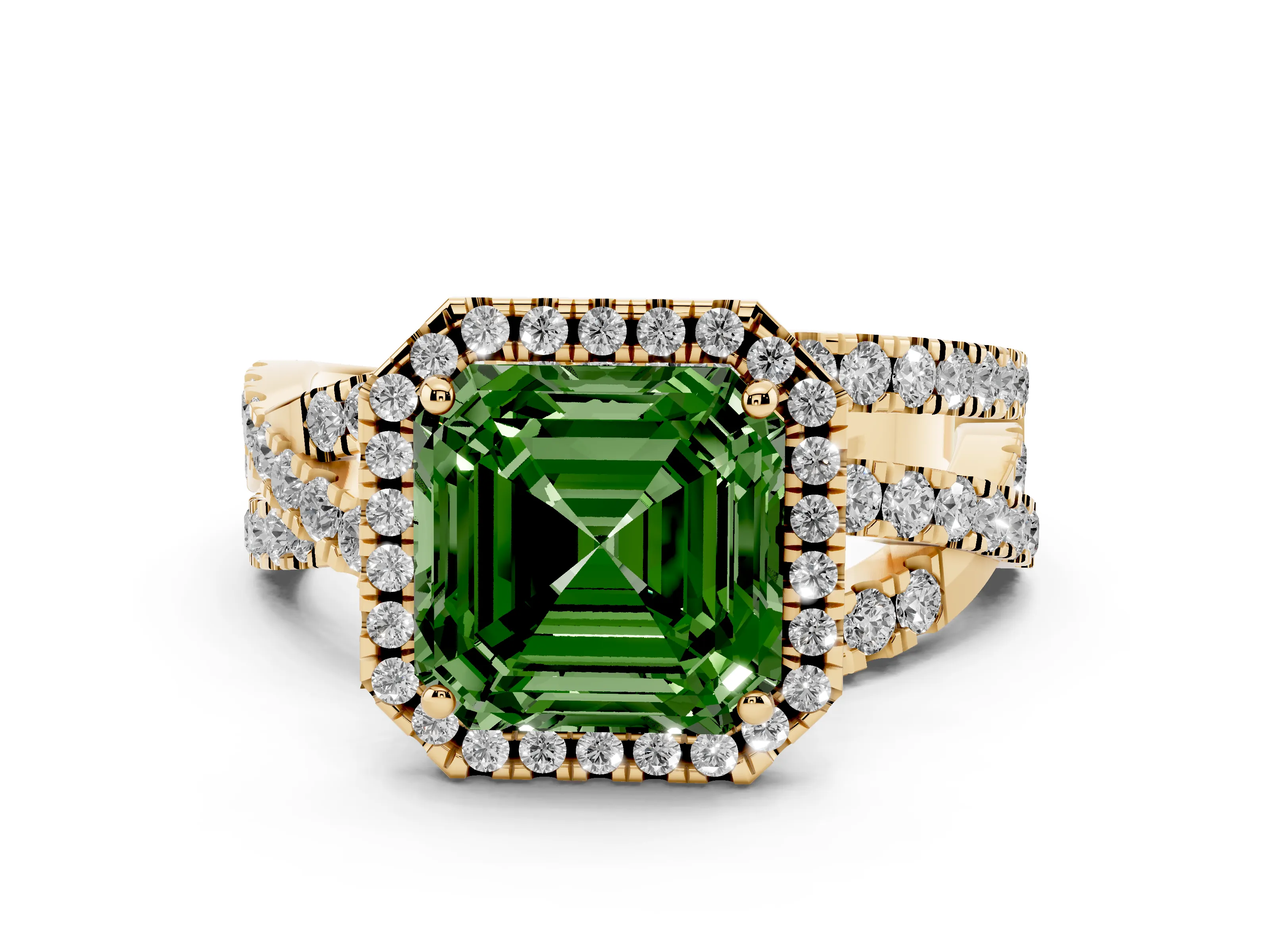 Fancy Green Asscher Cut Diamond Halo Ring Set in Yellow gold with Round Crossover Split Shank and Prong Setting