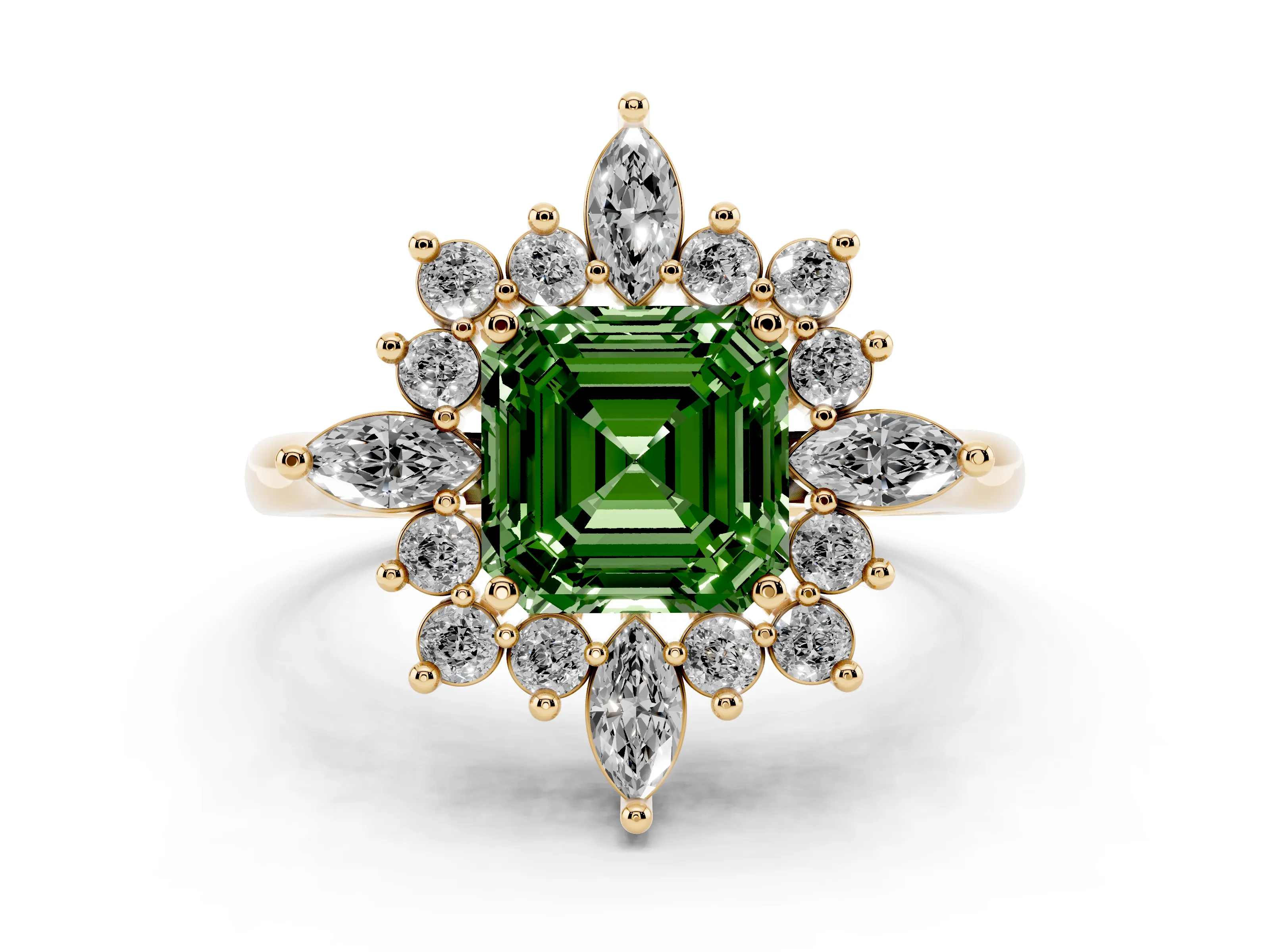 Fancy Green Asscher Cut Diamond Cluster Halo Ring Set in Yellow gold with Marquise and Round Accents