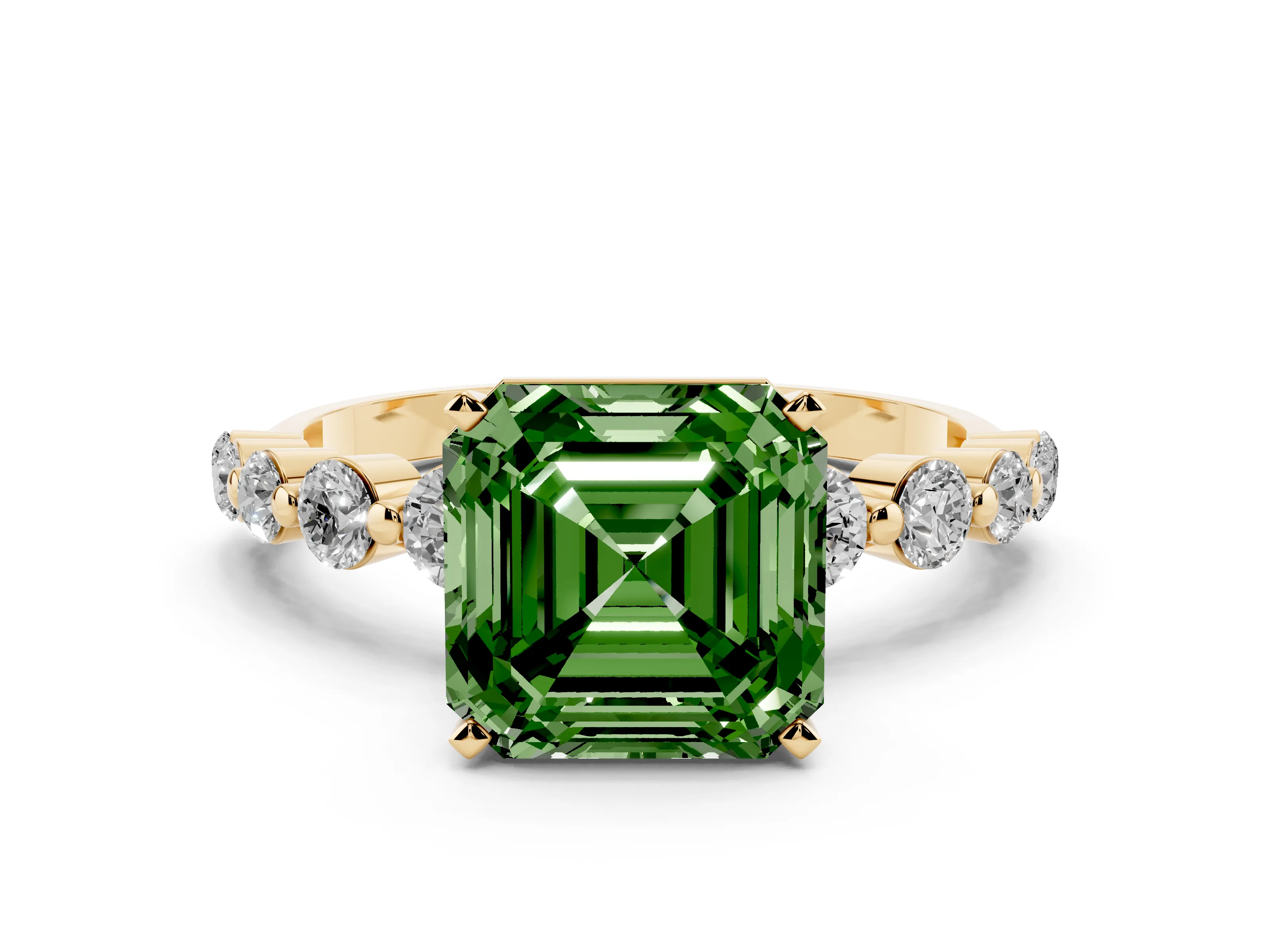 Fancy Green Asscher Cut Diamond Solitaire Ring Set in Yellow gold with Pavé Band and Prong Setting