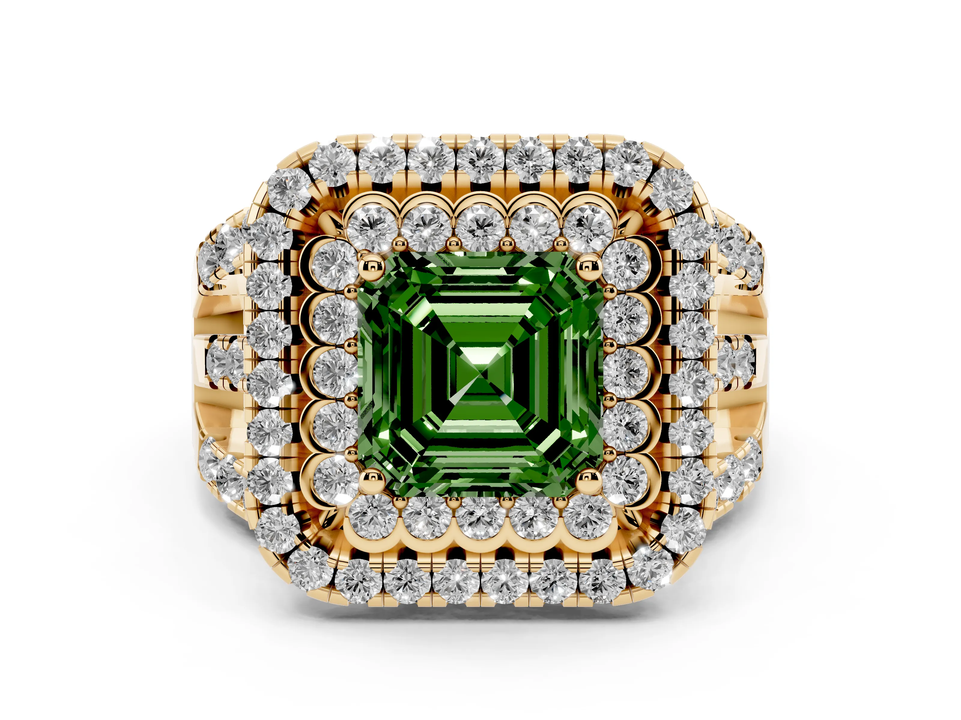 Fancy Green Asscher Cut Diamond Double Halo Ring Set in Yellow gold with Round Pavé Split Shank