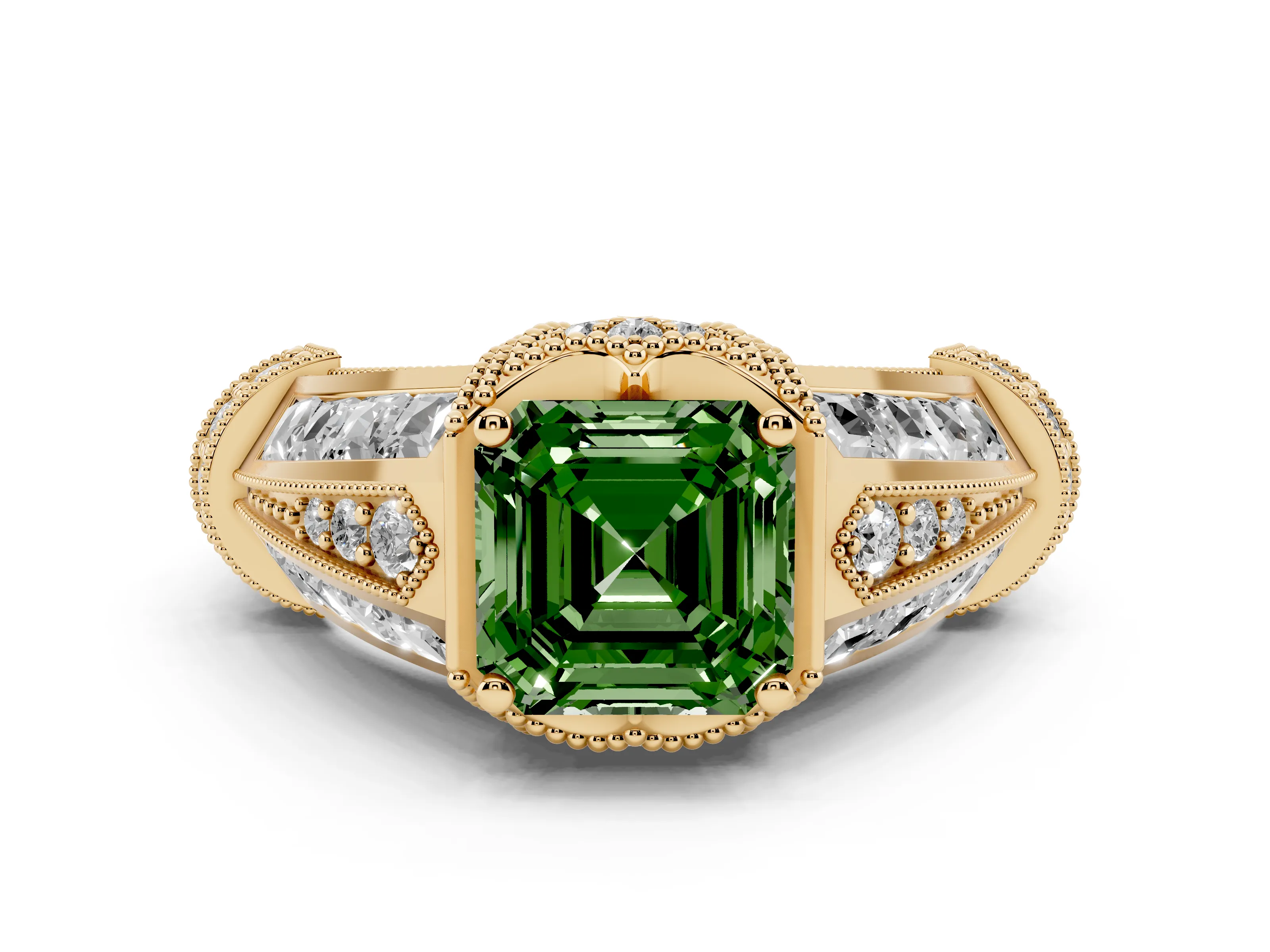 Fancy Green Asscher Cut Diamond Vintage-Inspired Milgrain Ring Set in Yellow gold with Accent Split Shank