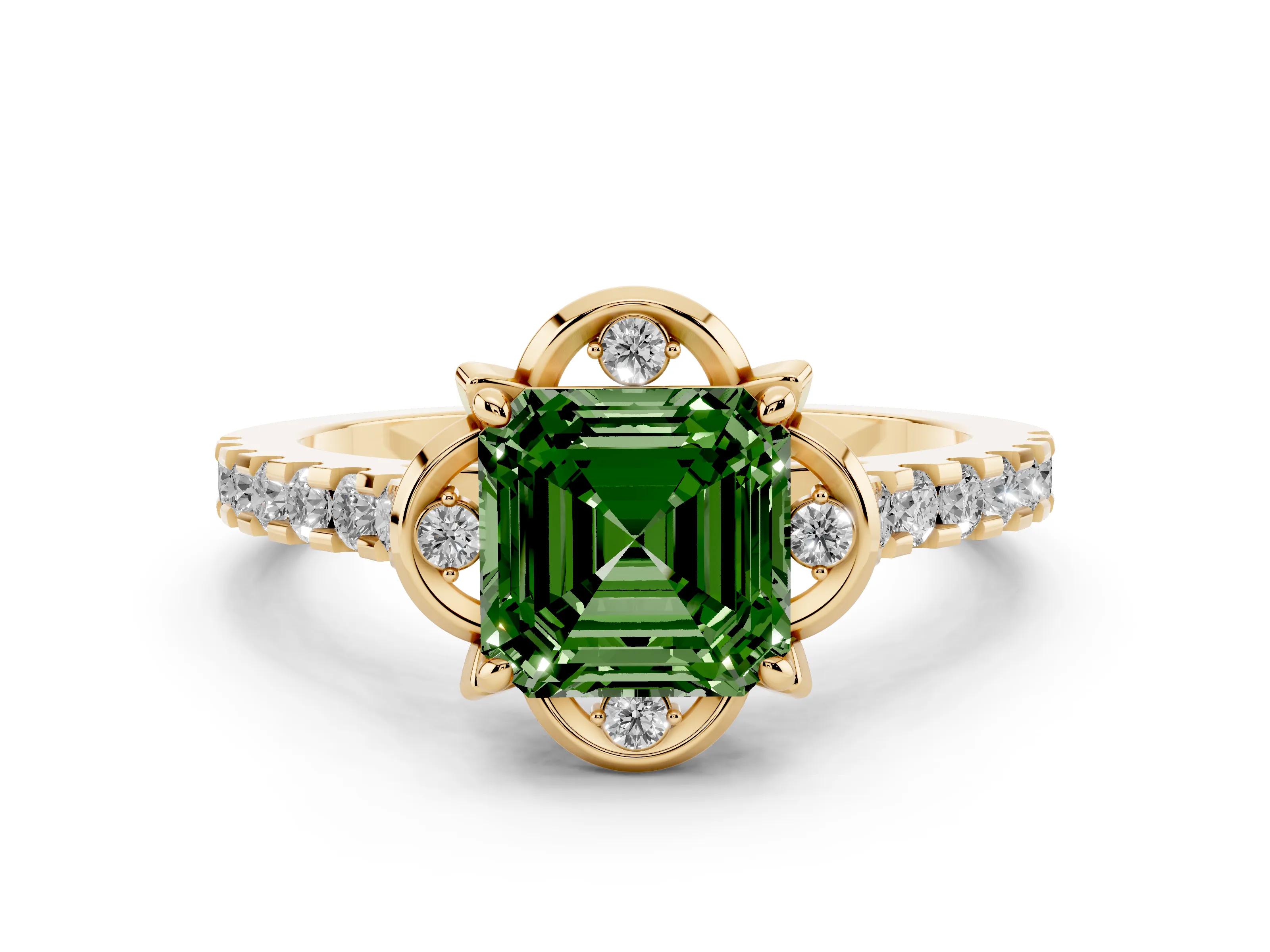 Fancy Green Asscher Cut Diamond Solitaire Ring Set in Yellow gold with Pavé Band and Floral Prong Setting