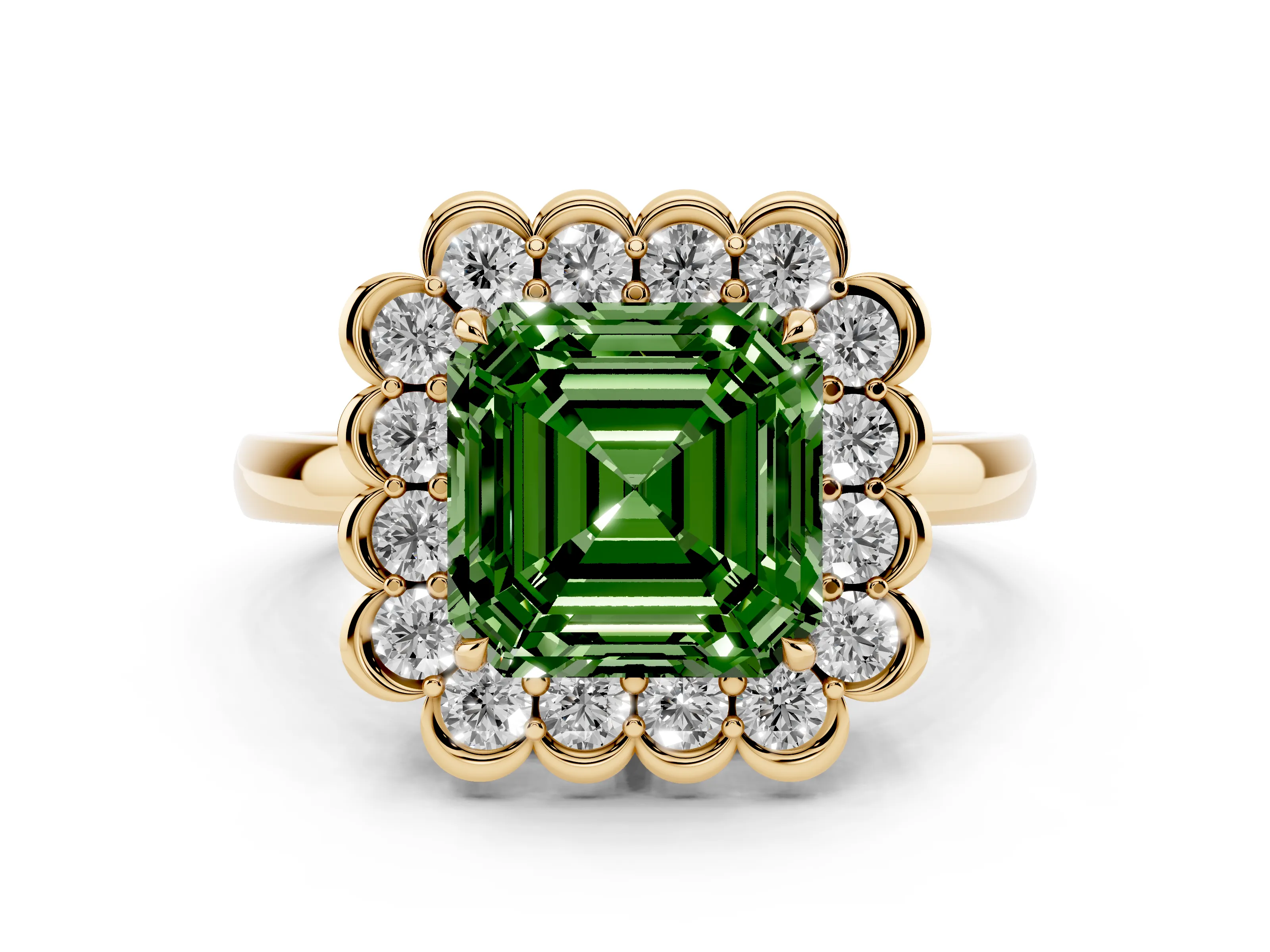 Fancy Green Asscher Cut Diamond Halo Cluster Engagement Ring Set in Yellow gold with Solitaire Band and Prong Setting