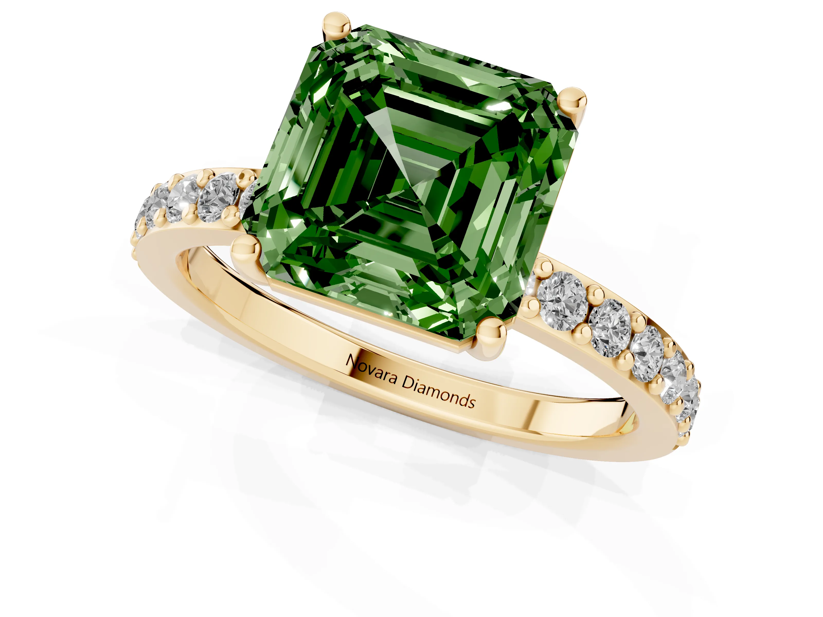 Fancy Green Asscher Cut Diamond Solitaire Set in Yellow gold with Round Pavé Band and Prong Setting