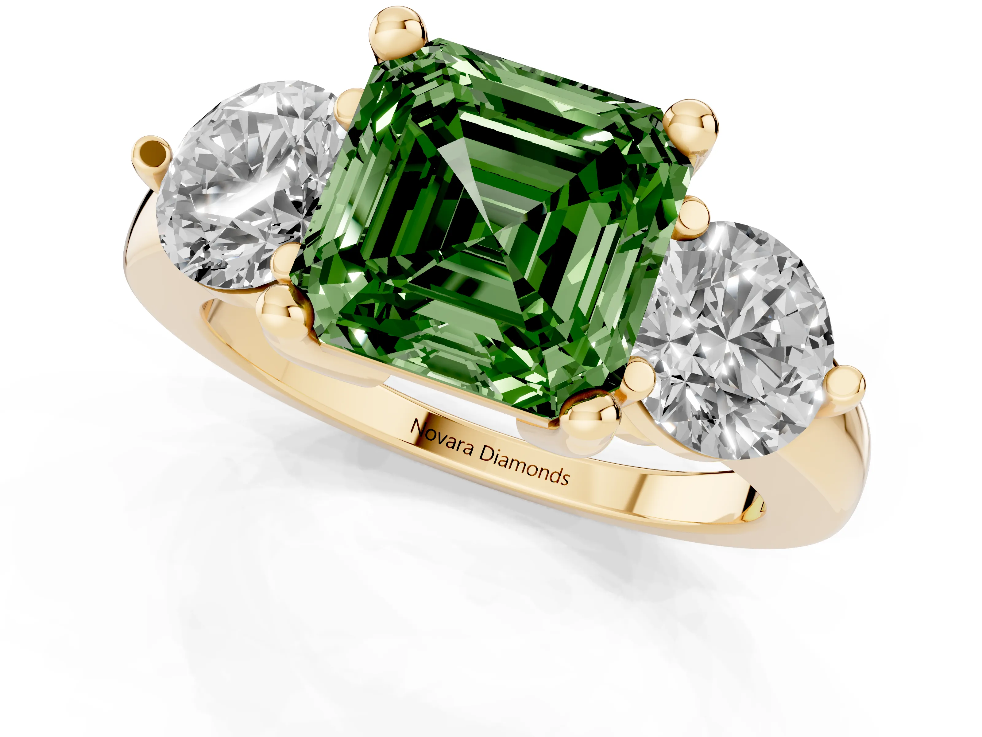 Fancy Green Asscher Cut Diamond Three-Stone Ring Set in Yellow gold with Prong Setting and Classic Band