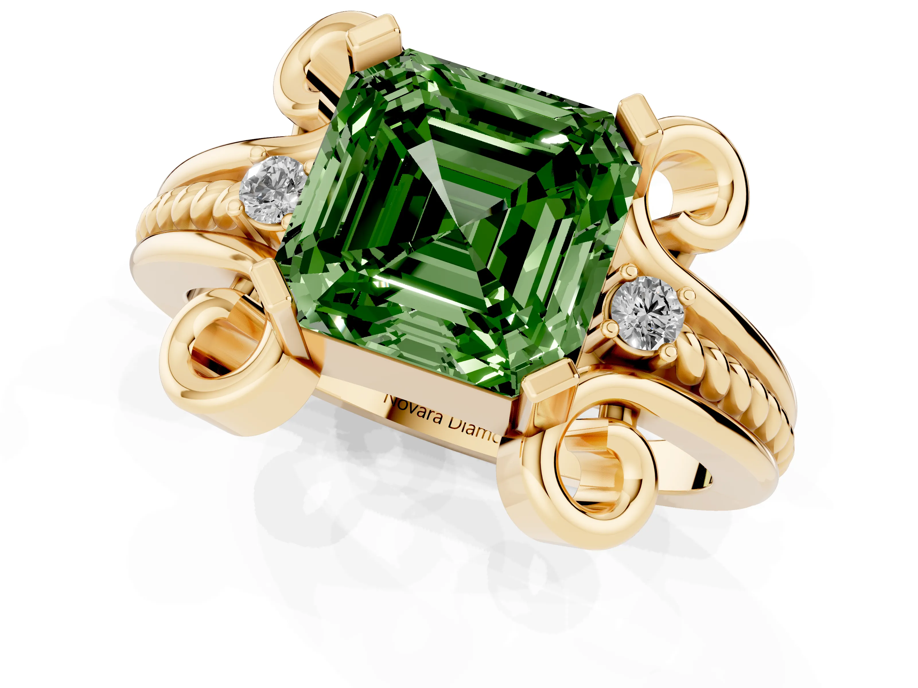 Fancy Green Asscher Cut Diamond Twisted Band Solitaire Ring Set in Yellow gold with Scroll Prongs