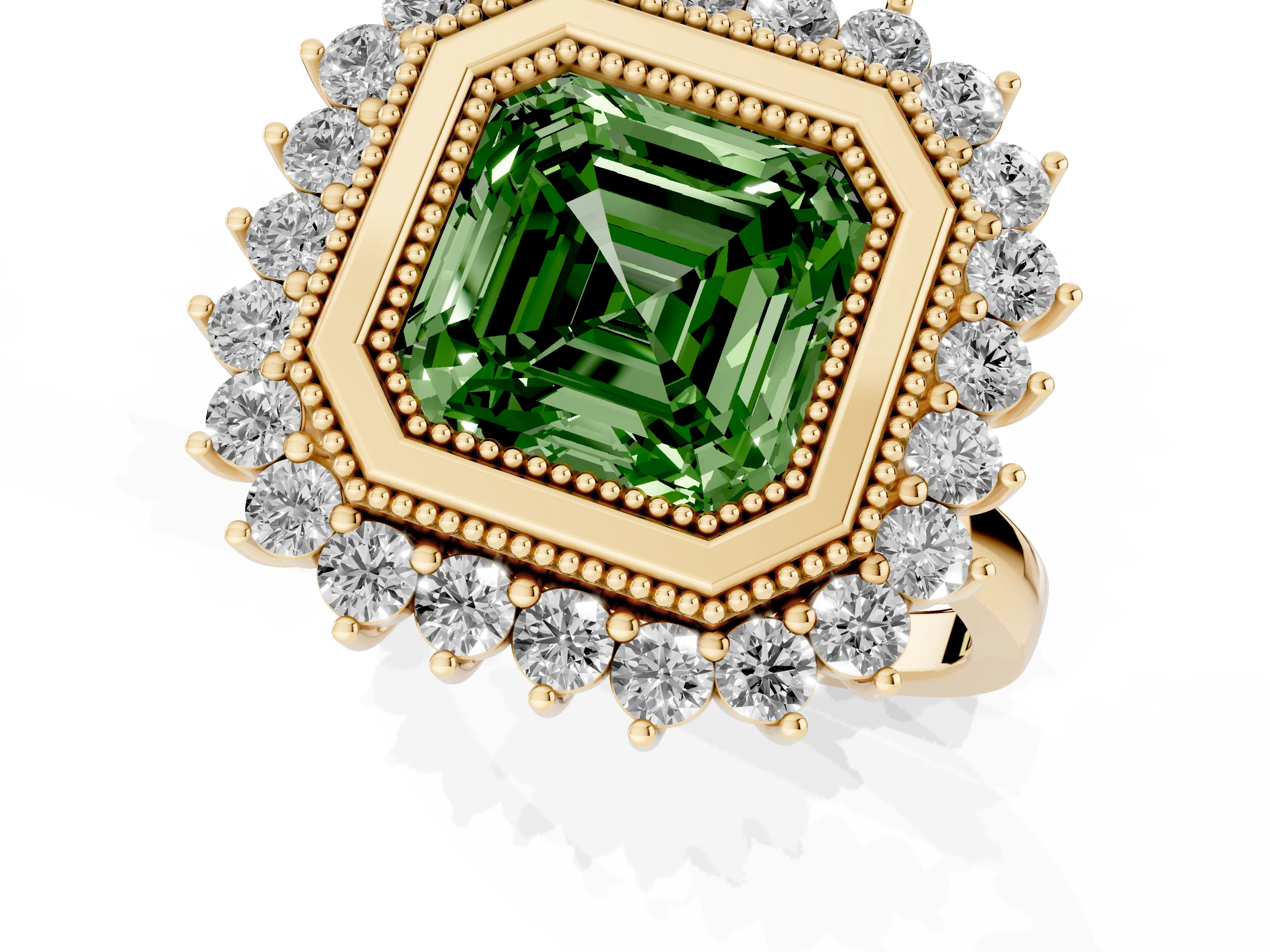 Fancy Green Asscher Cut Diamond Halo Ring Set in Yellow gold with Milgrain Edge and Round Prong Setting