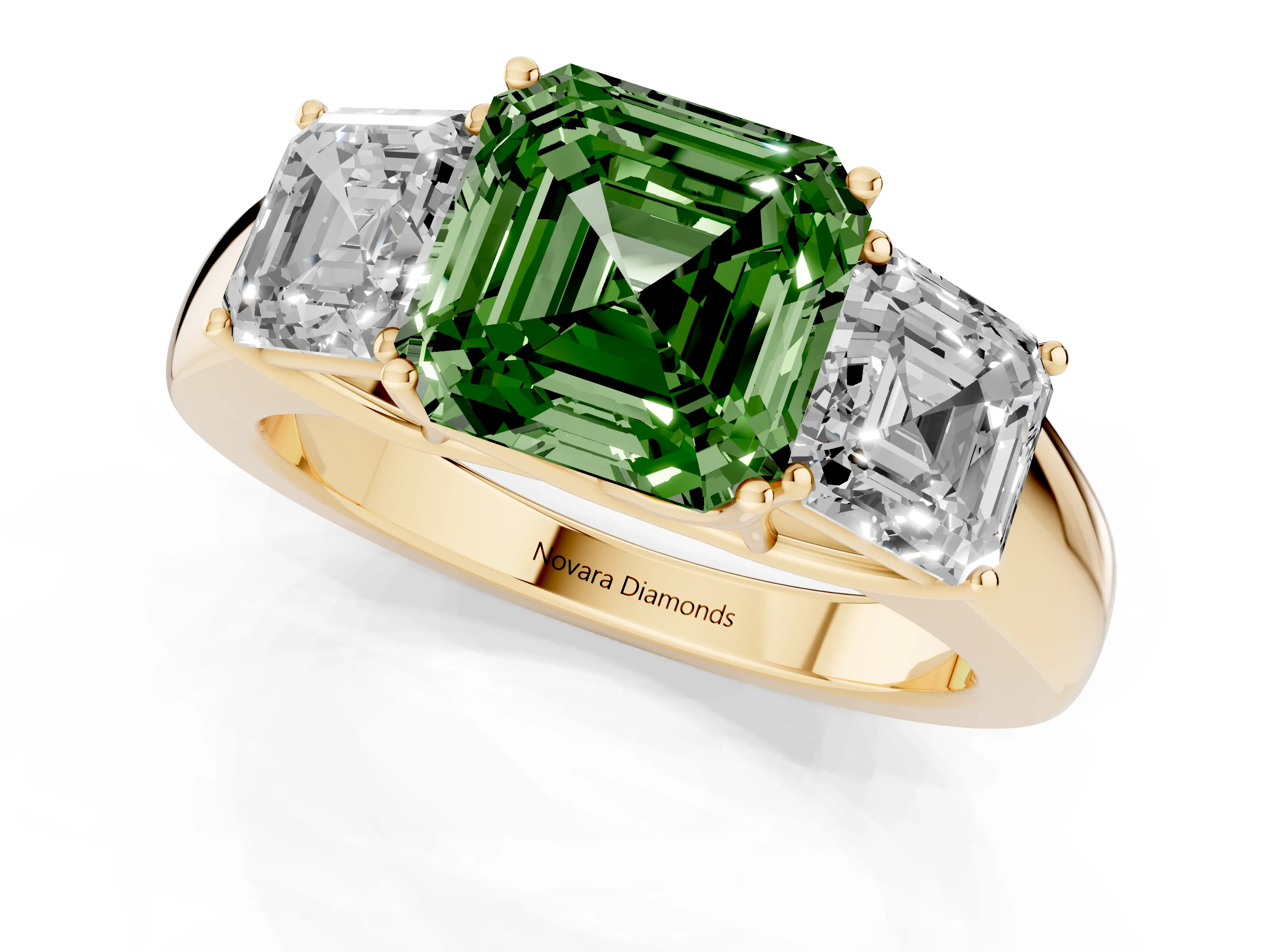 Fancy Green Three-Stone Asscher Cut Diamond Ring Set in Yellow gold with Matching Prong Settings and Plain Band
