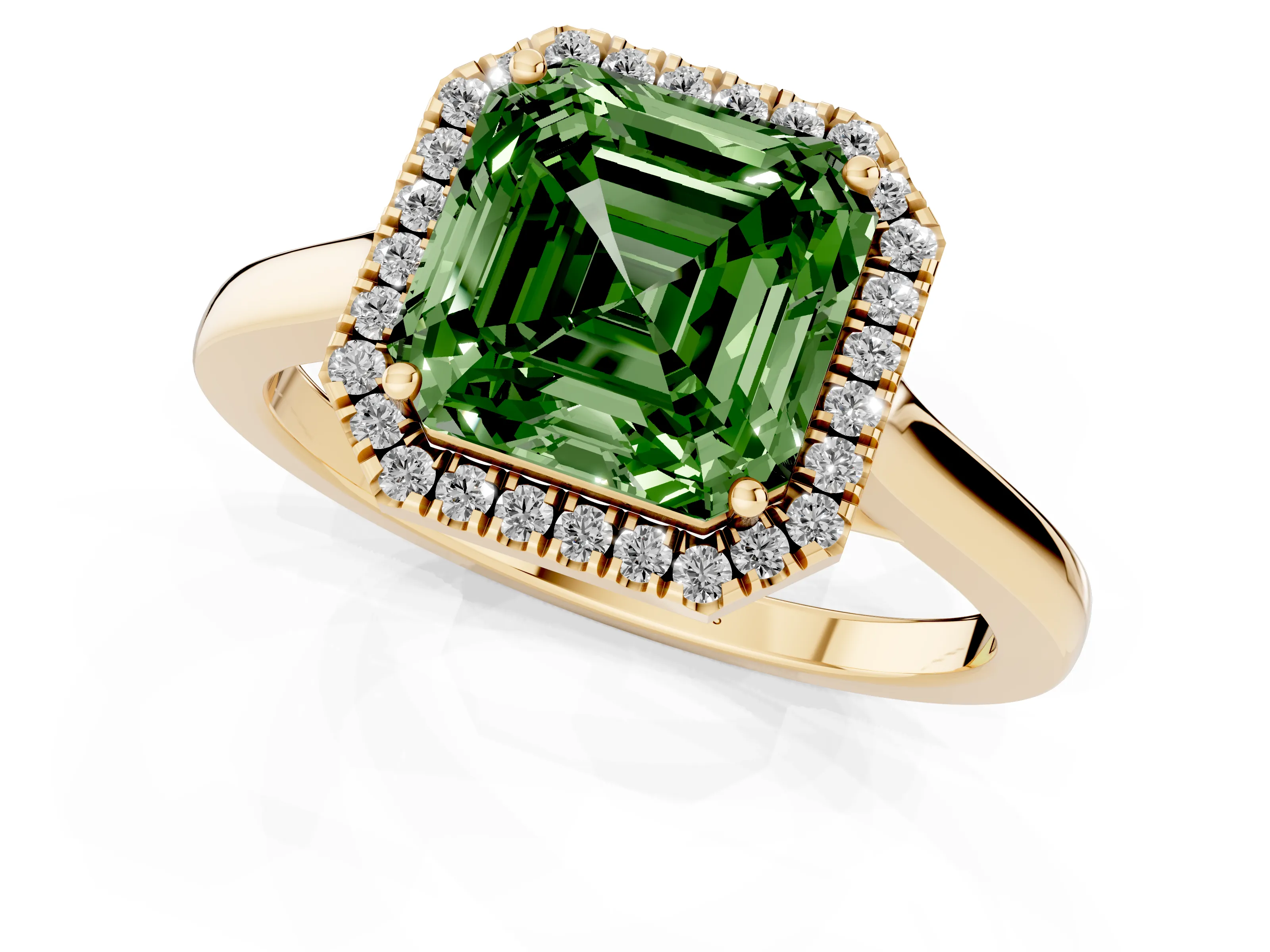 Fancy Green Asscher Cut Halo Round Diamond Solitaire Ring Set in Yellow gold with Pavé Band and Prong Setting