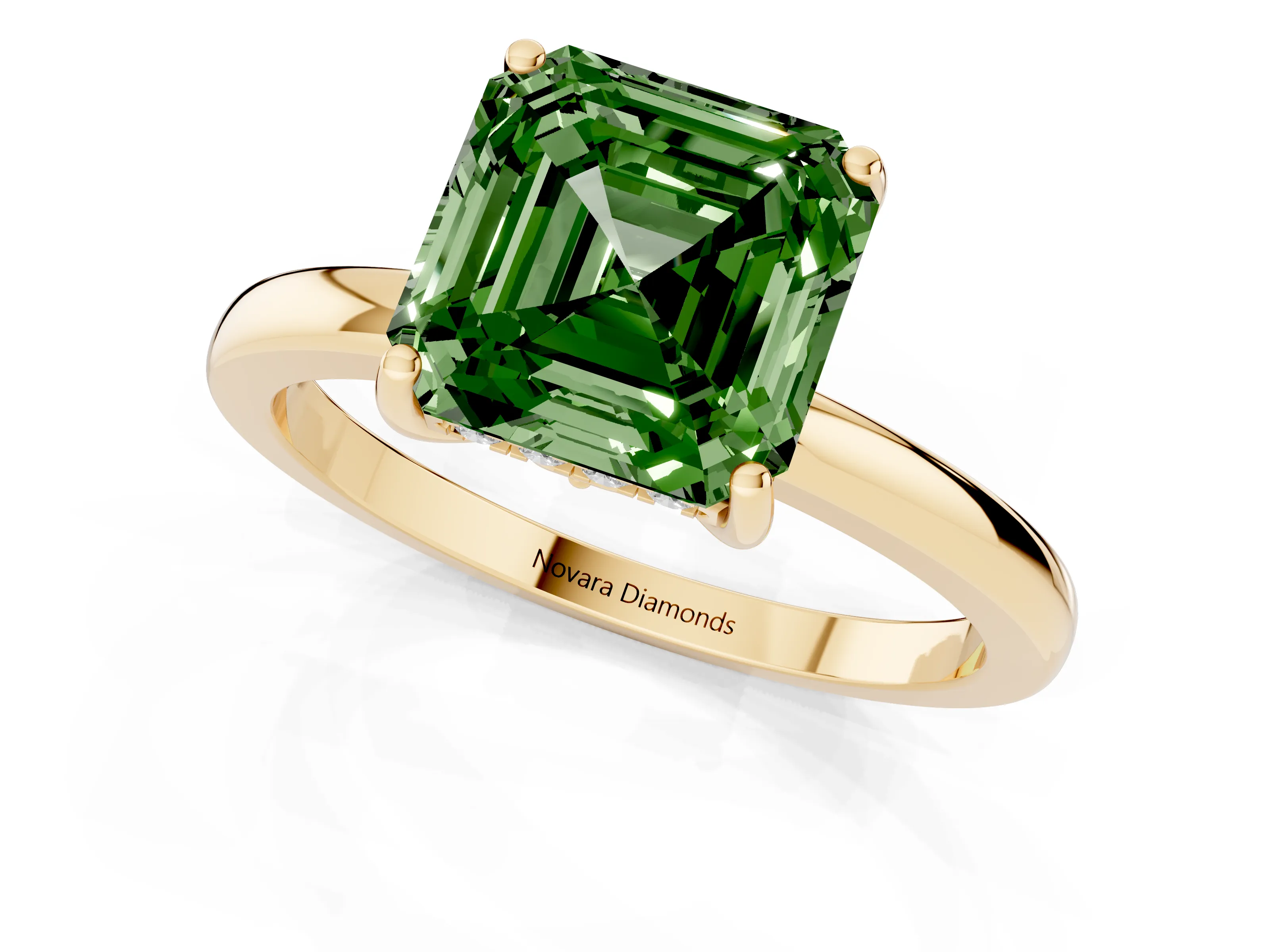 Fancy Green Asscher Cut Diamond Solitaire Ring Set in Yellow gold with Plain Band and Prong Setting