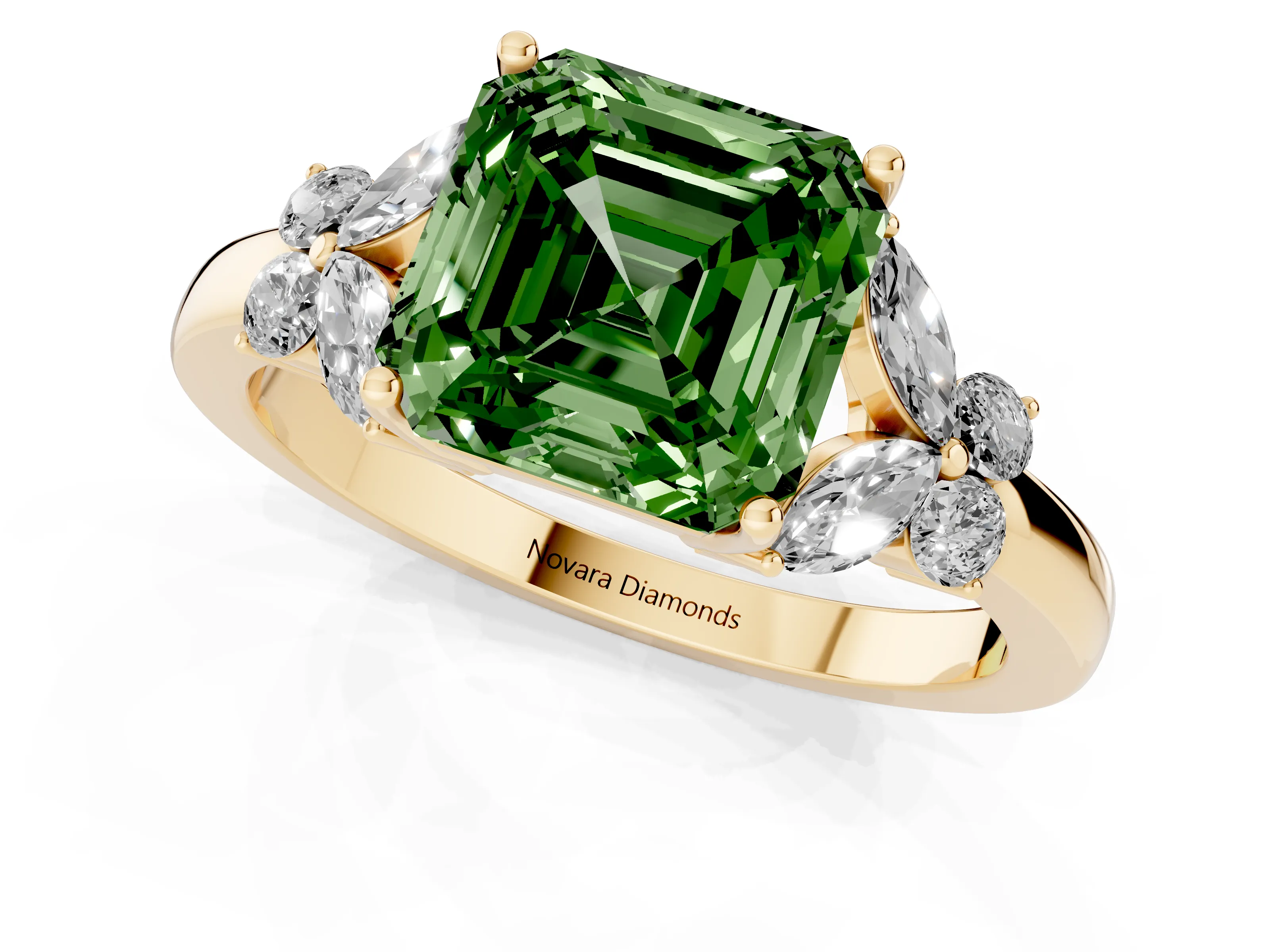 Fancy Green Asscher Cut Diamond Solitaire Floral Ring Set in Yellow gold with Marquise Petals and Prong Setting
