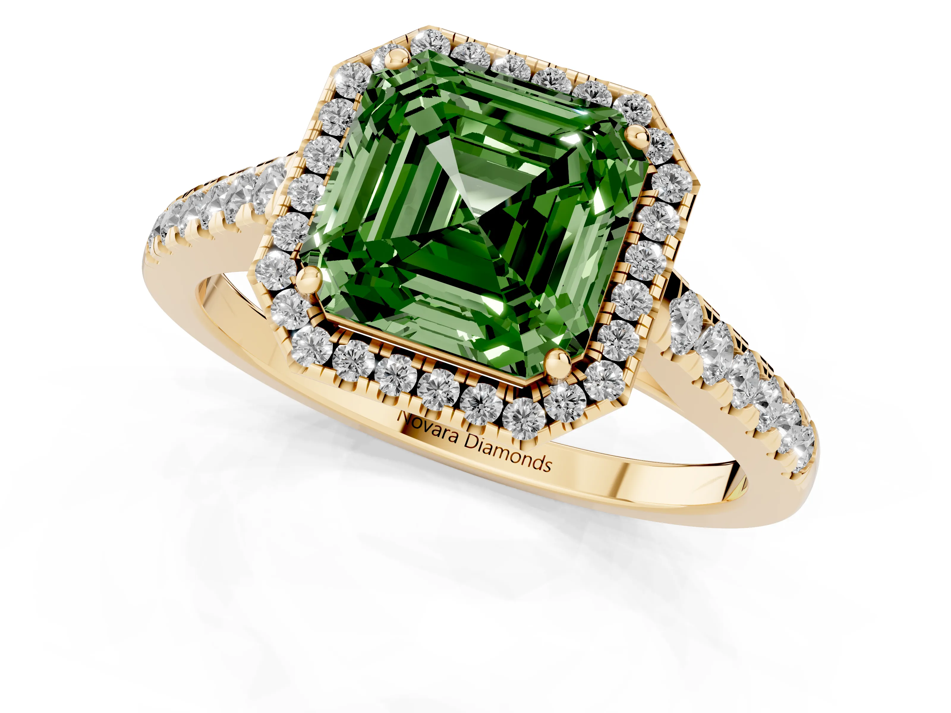 Fancy Green Asscher Cut Diamond Halo Pavé Engagement Ring Set in Yellow gold with Prong Setting