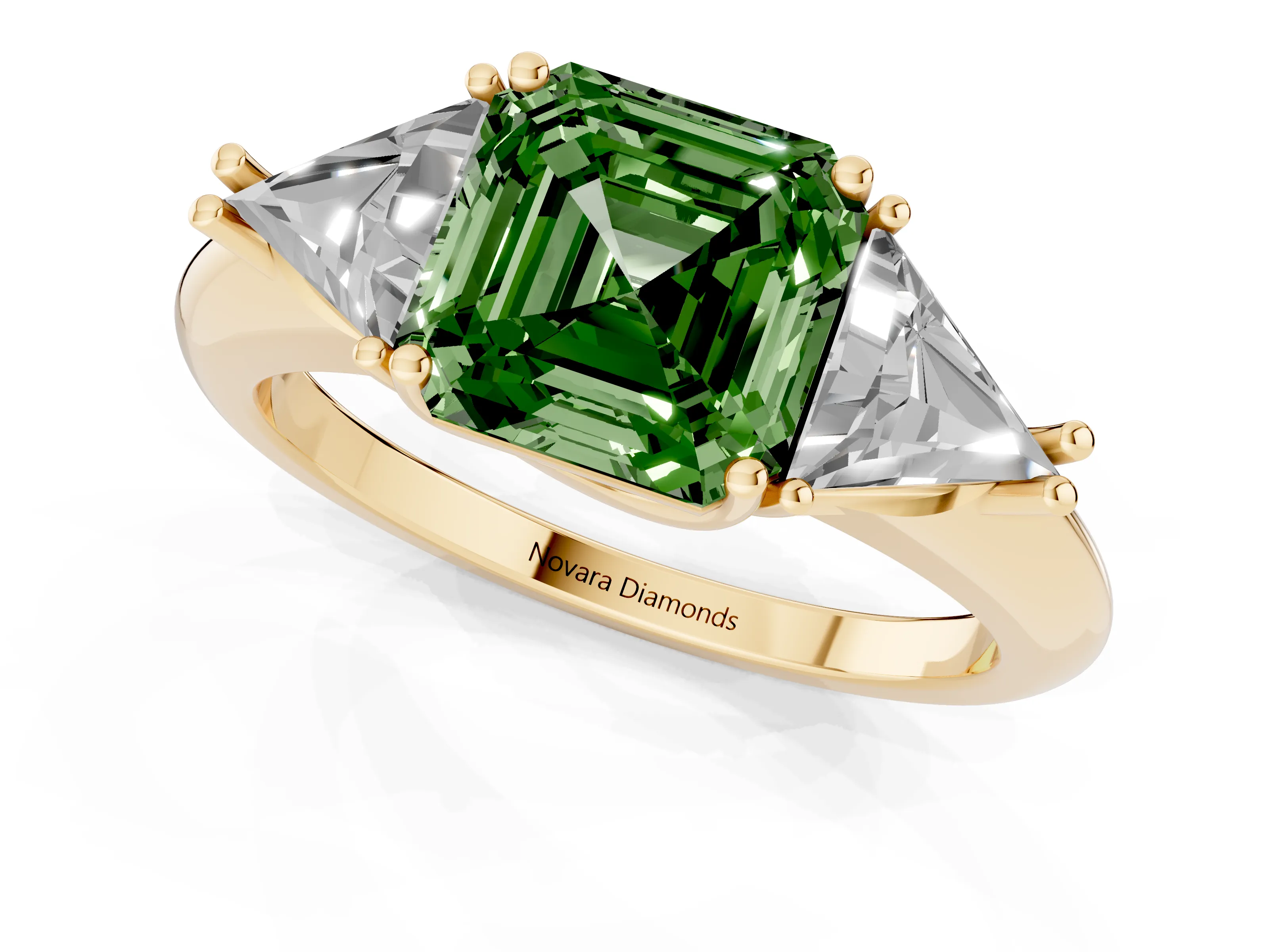 Fancy Green Asscher Cut Diamond Three-Stone Engagement Ring Set in Yellow gold with Trillion Side Stones