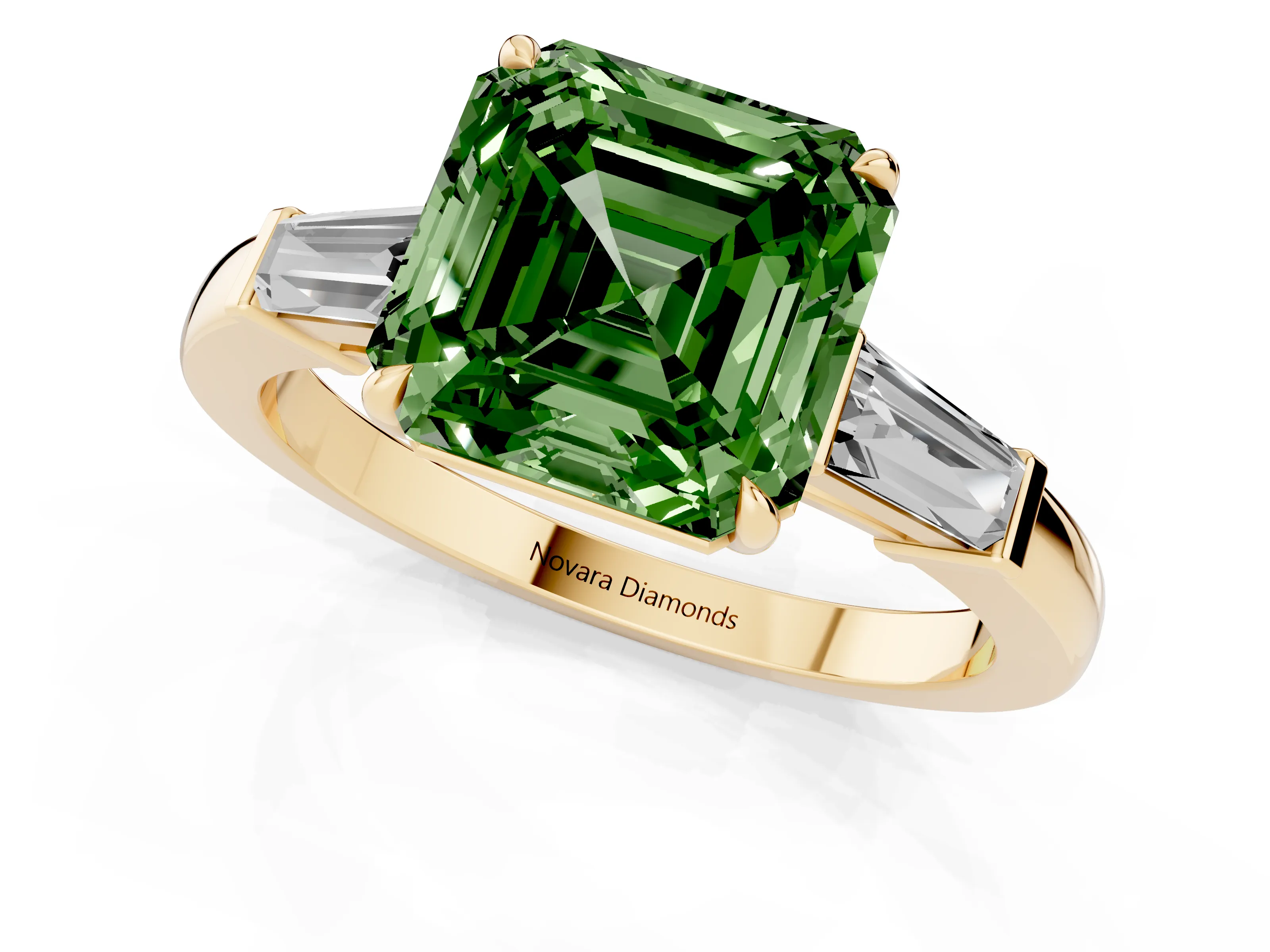 Fancy Green Asscher Cut Diamond Three-Stone Ring Set in Yellow gold with Tapered Baguette Side Stones and Prong Setting