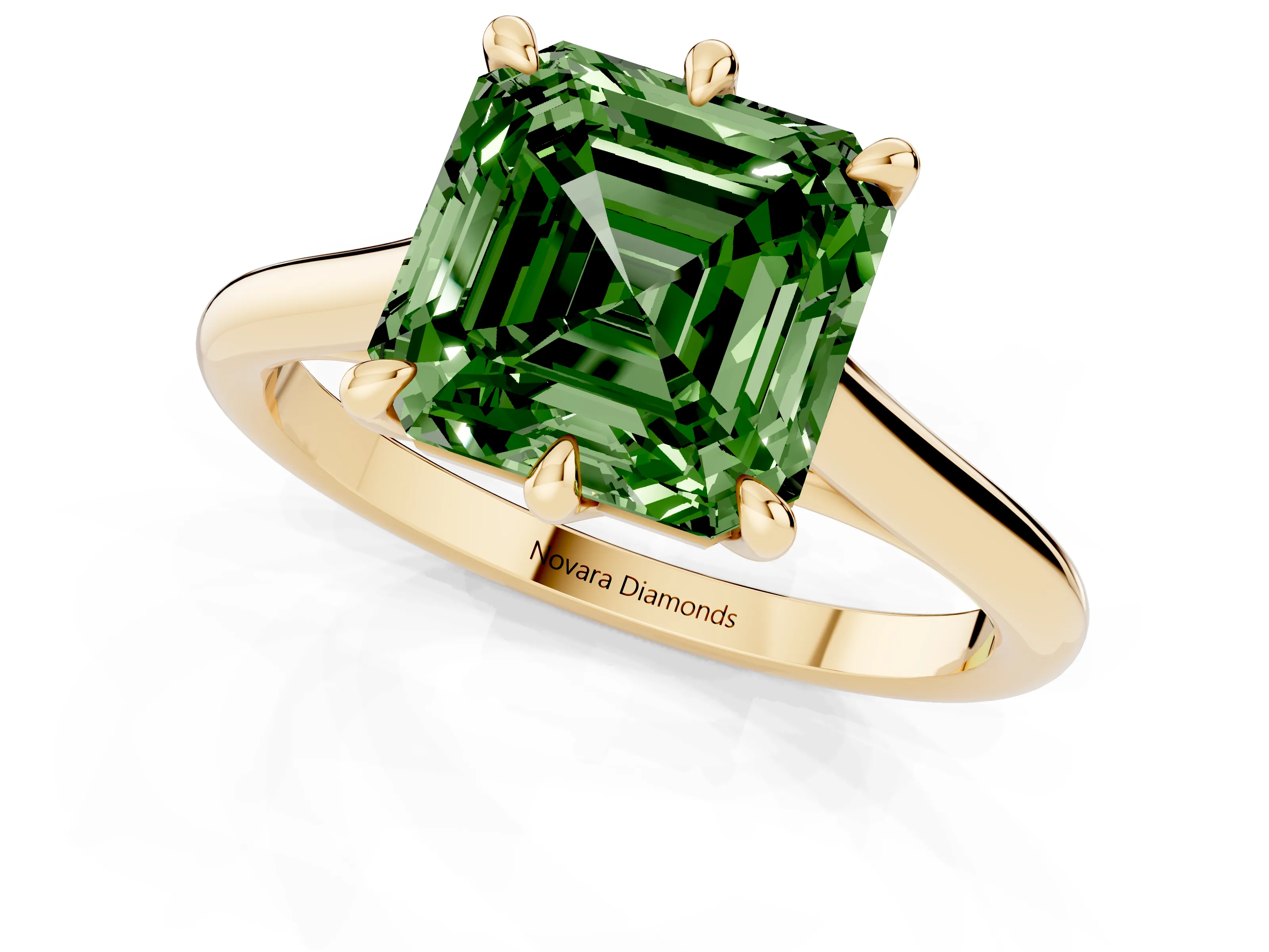 Fancy Green Asscher Cut Diamond Solitaire Engagement Ring Set in Yellow gold with Prong Setting and Plain Classic Band
