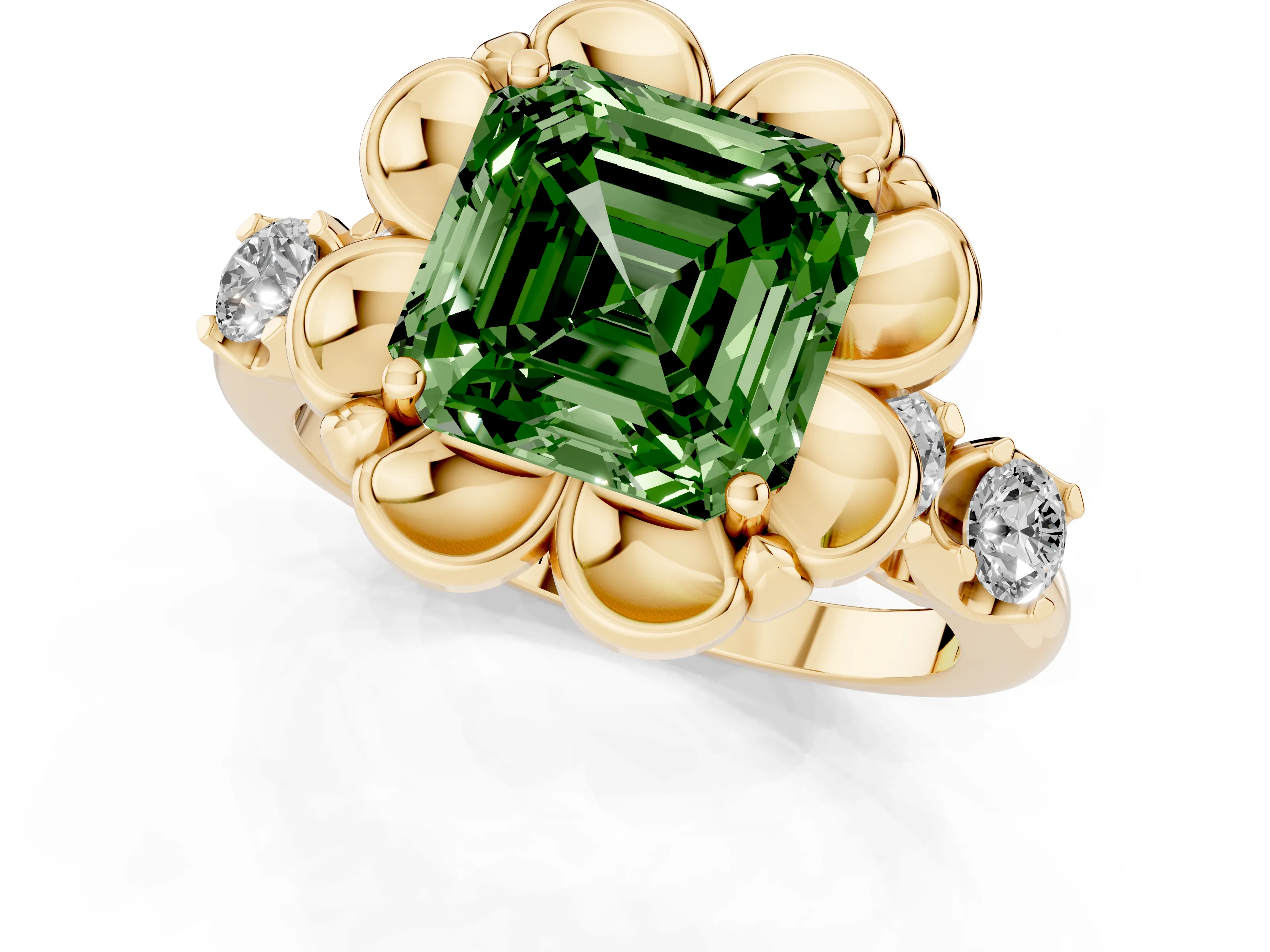 Fancy Green Asscher Cut Diamond Floral Halo Ring Set in Yellow gold with Shared Prong Band