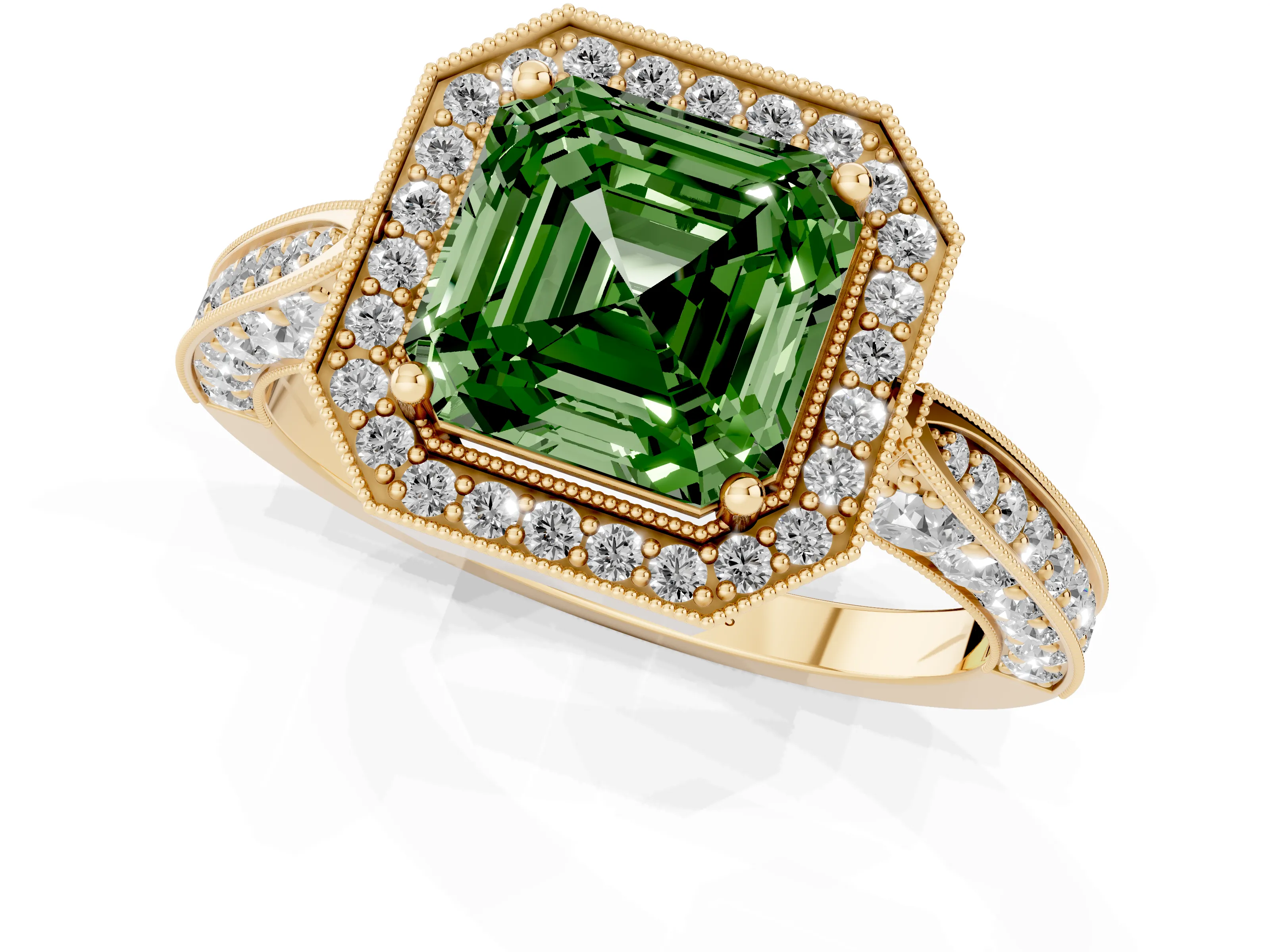 Fancy Green Asscher Cut Diamond Halo Engagement Ring Set in Yellow gold with Accent Split Shank Band