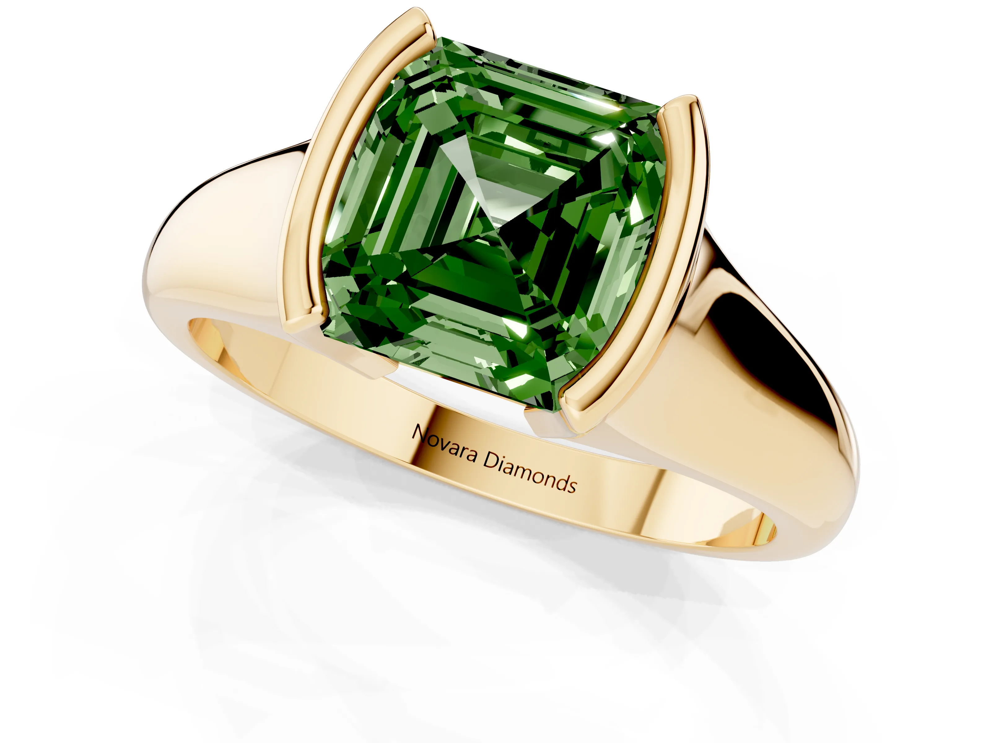 Fancy Green Asscher Cut Diamond Solitaire Tension Set Ring Set in Yellow gold with Split Shank Band
