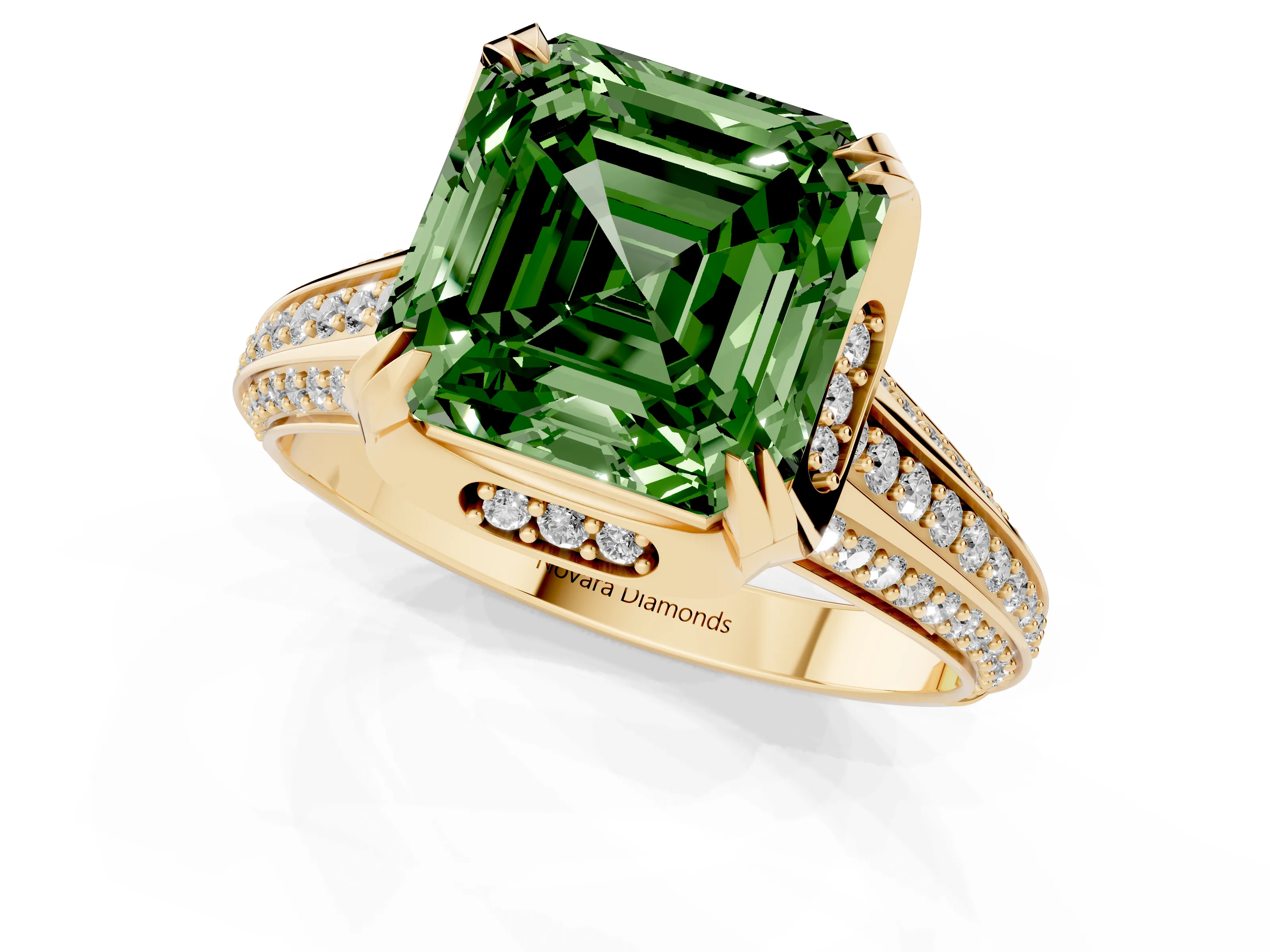 Fancy Green Asscher Cut Diamond Pavé Split Shank Solitaire Ring Set in Yellow gold with Prong Setting