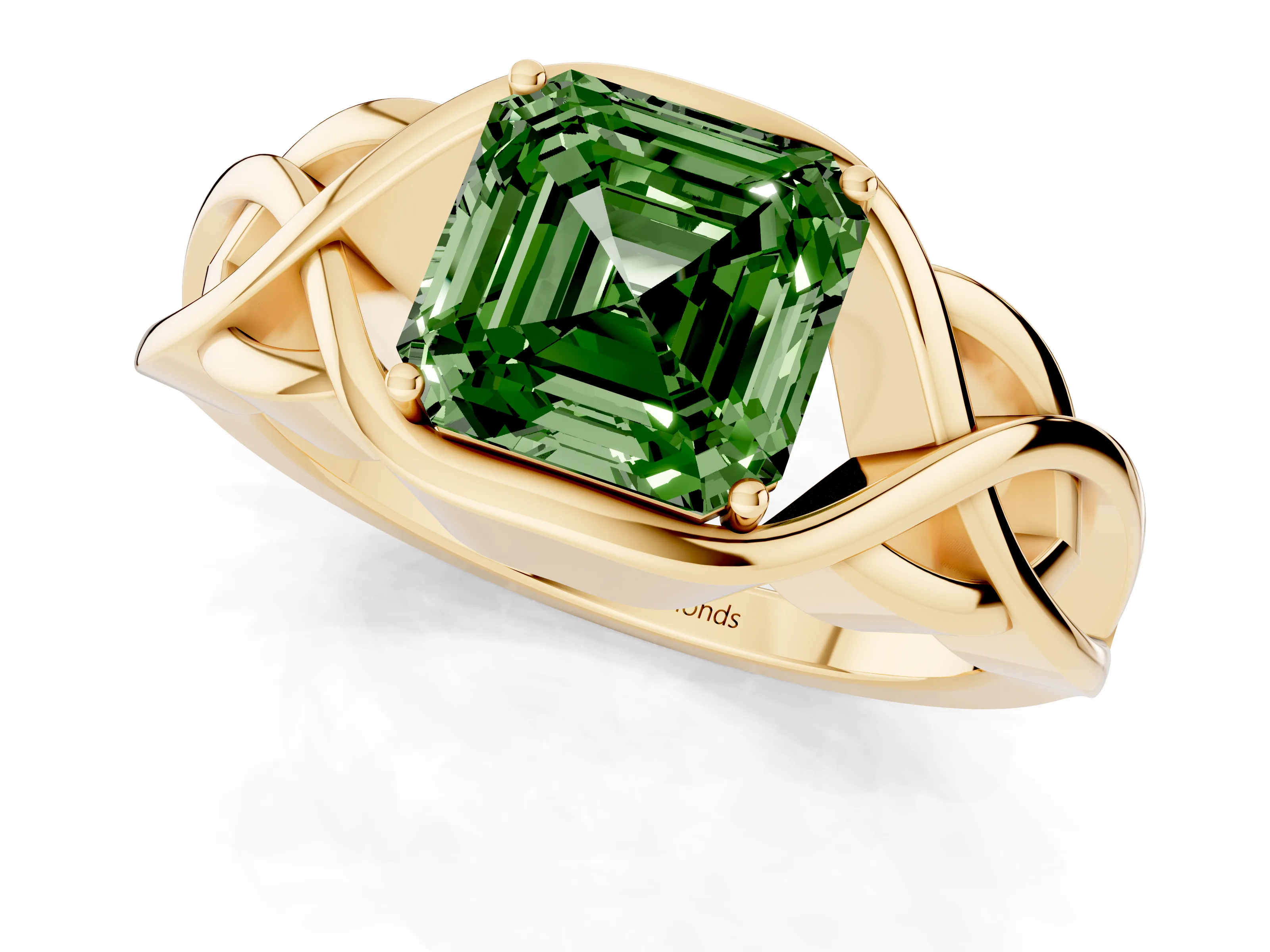 Fancy Green Asscher Cut Diamond Solitaire Ring Set in Yellow gold with Intertwined Band