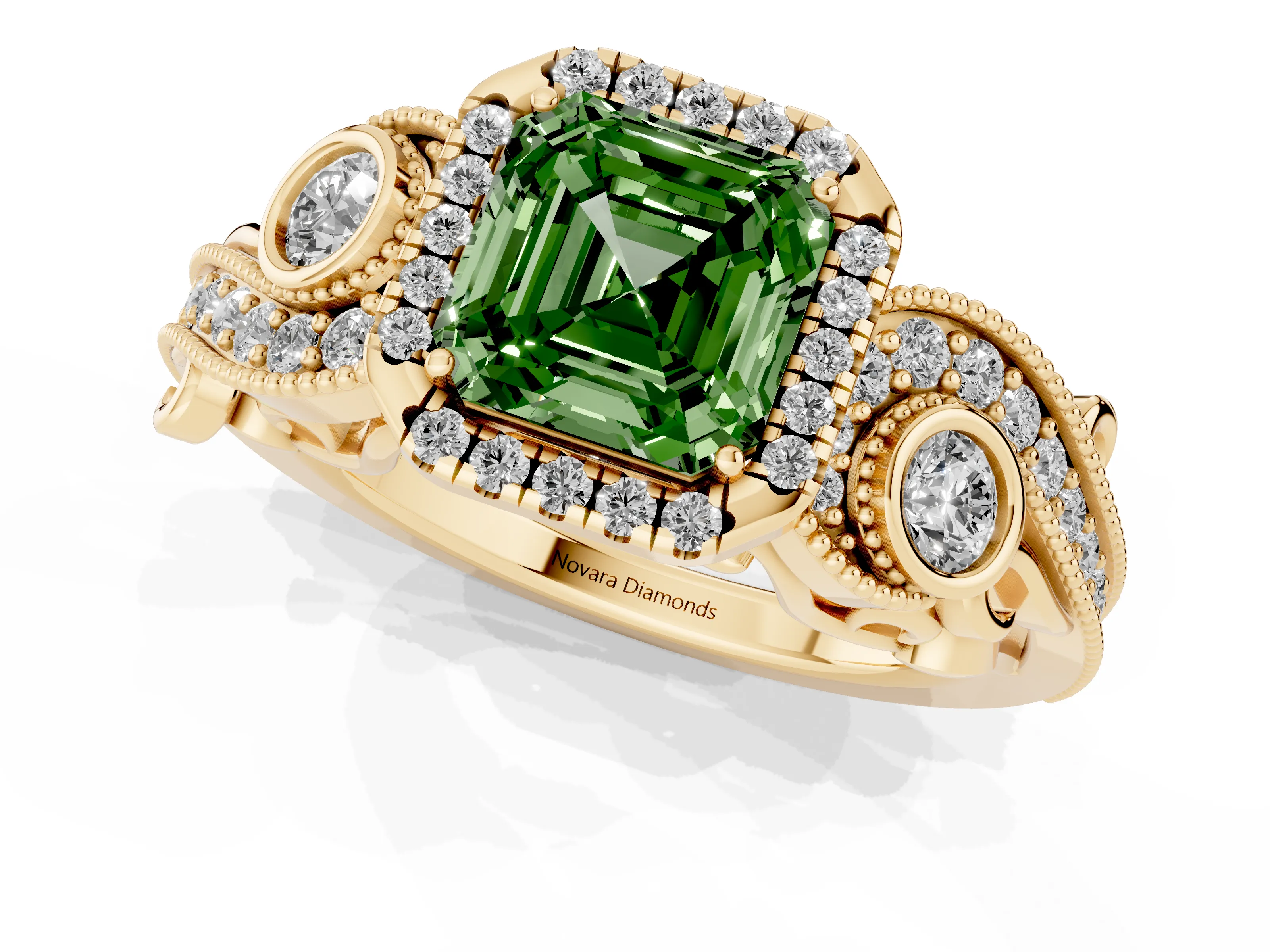 Fancy Green Asscher Cut Diamond Halo Ring Set in Yellow gold with Milgrain Pavé Band and Prong Setting
