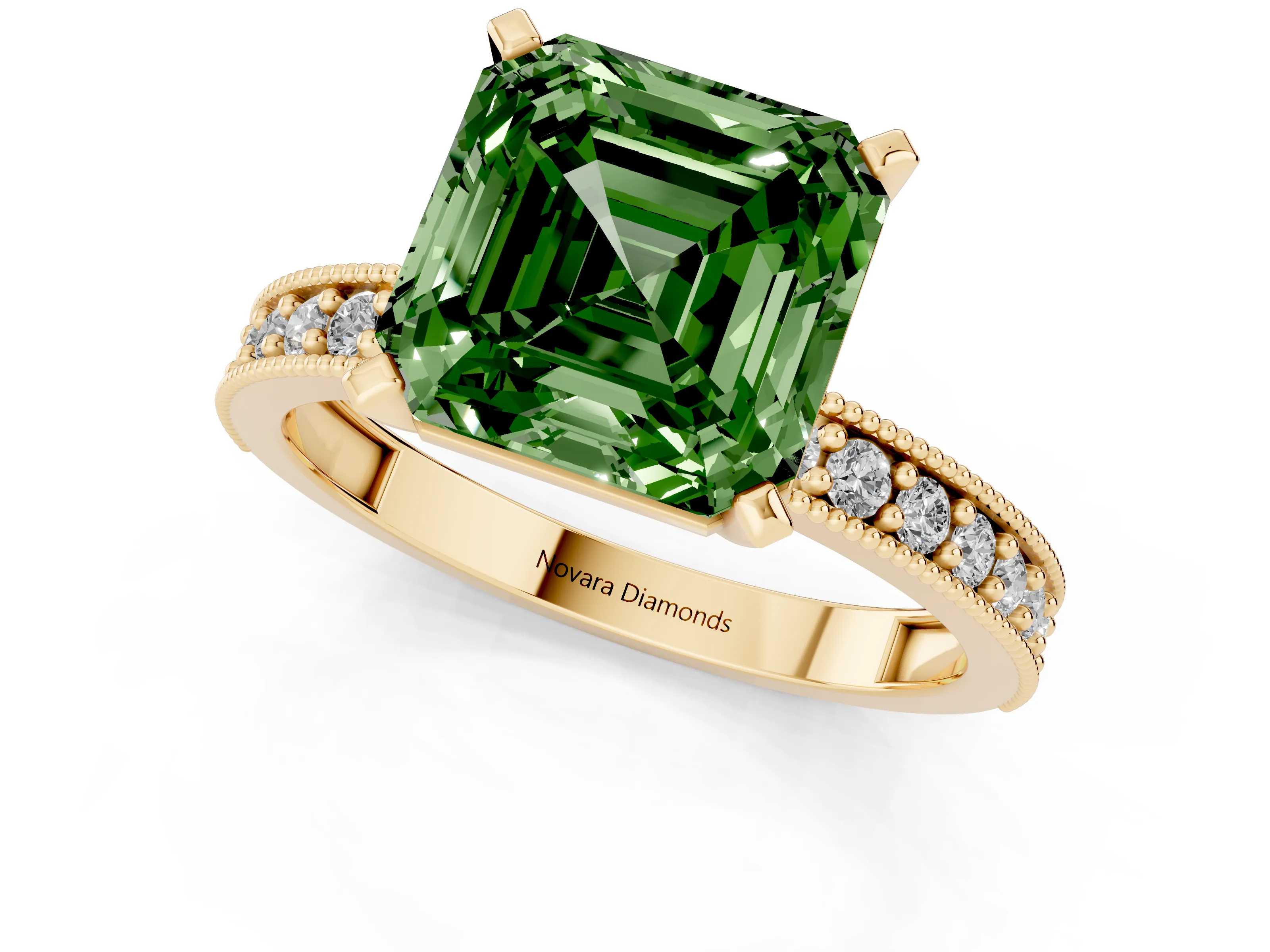 Fancy Green Asscher Cut Diamond Milgrain Pavé Engagement Ring Set in Yellow gold with Prong Setting
