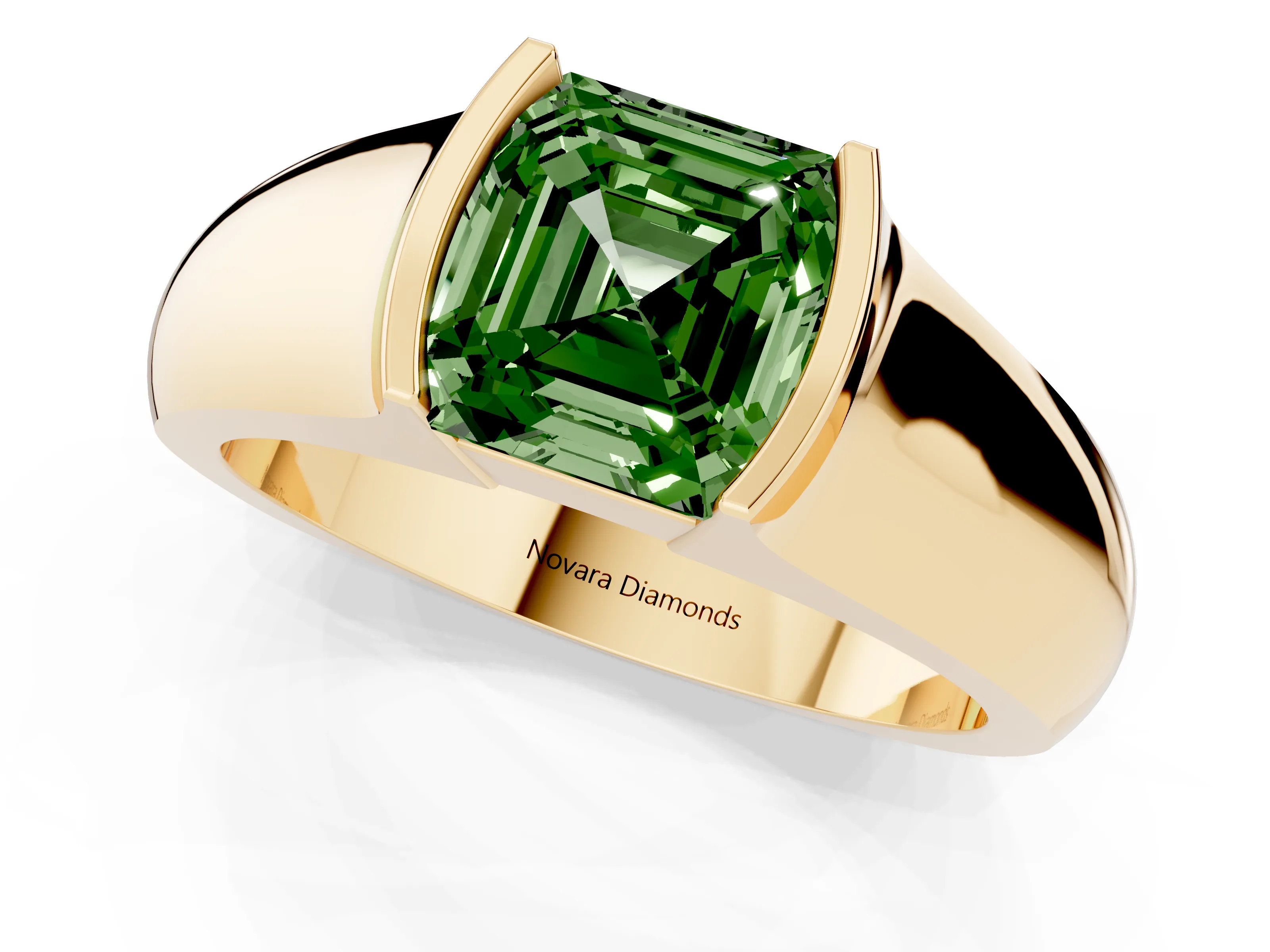 Fancy Green Asscher Cut Diamond Bezel Solitaire Ring Set in Yellow gold with Wide Band