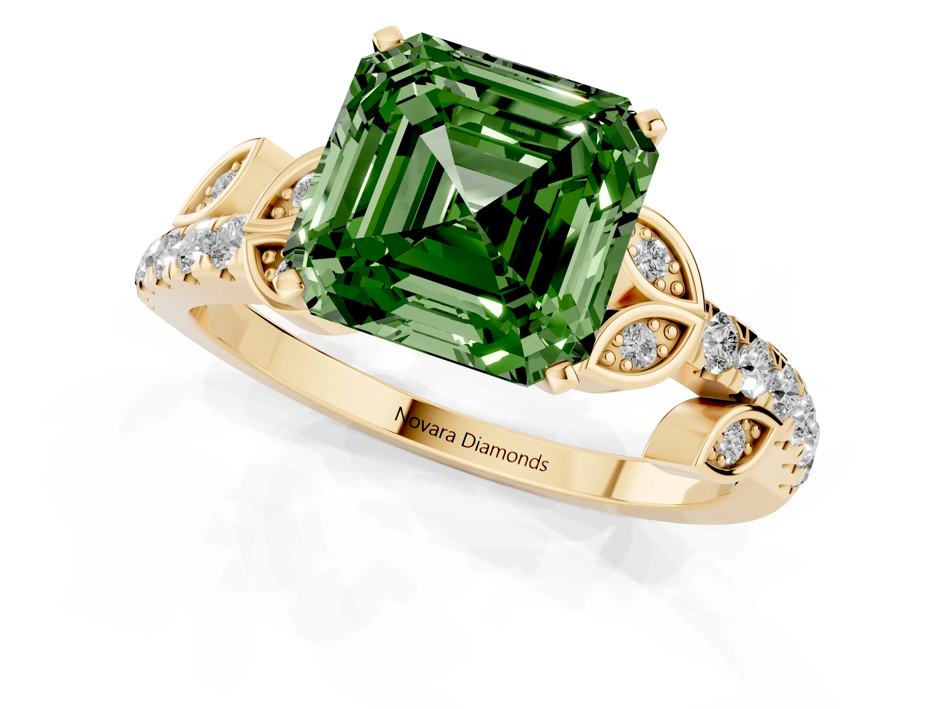 Fancy Green Asscher Cut Diamond Solitaire Leaf-Inspired Ring Set in Yellow gold with Pavé Band and Prong Setting
