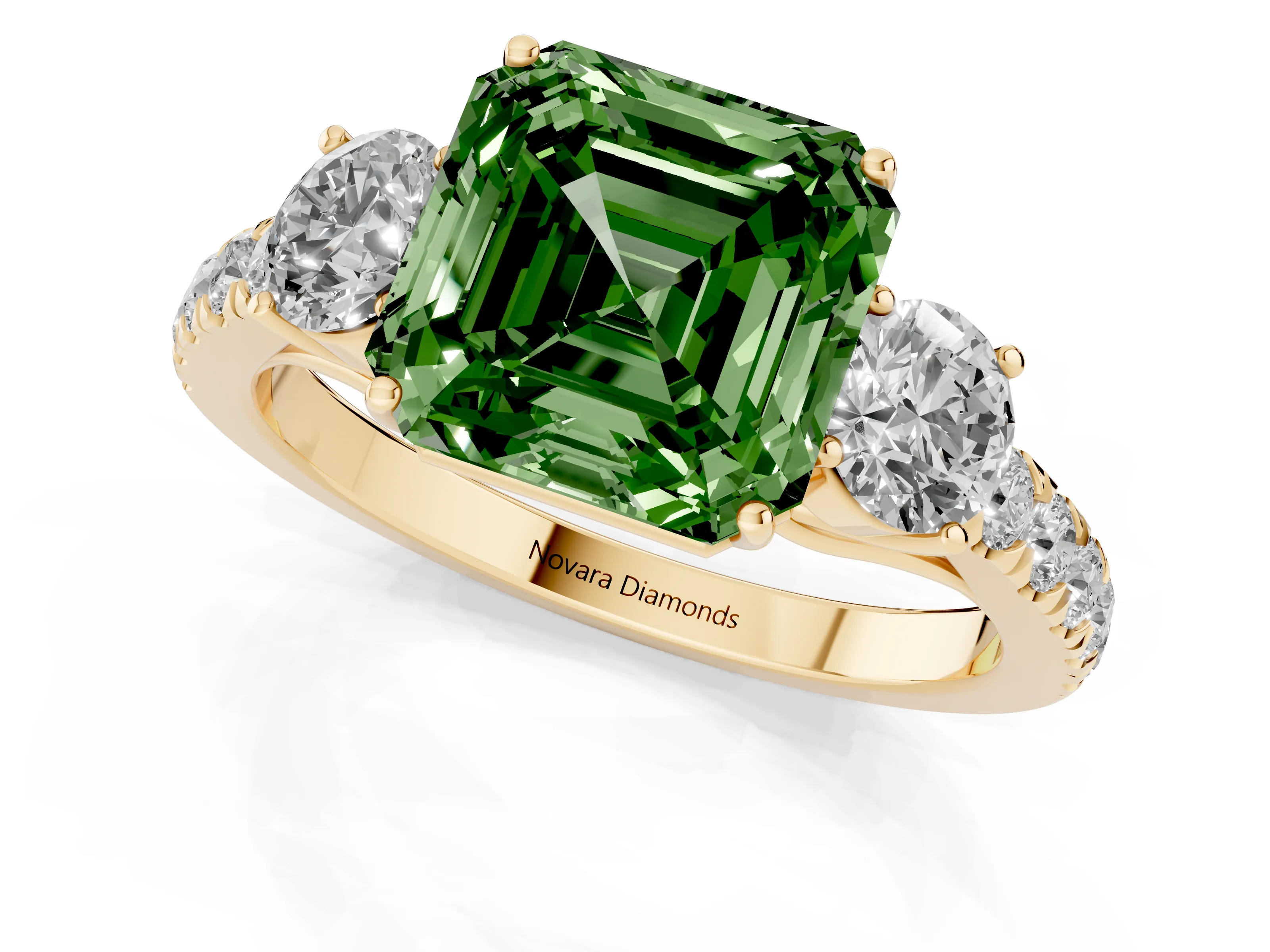 Fancy Green Asscher Cut Diamond Three-Stone Ring Set in Yellow gold with Round Side Stones and Delicate Pavé Band