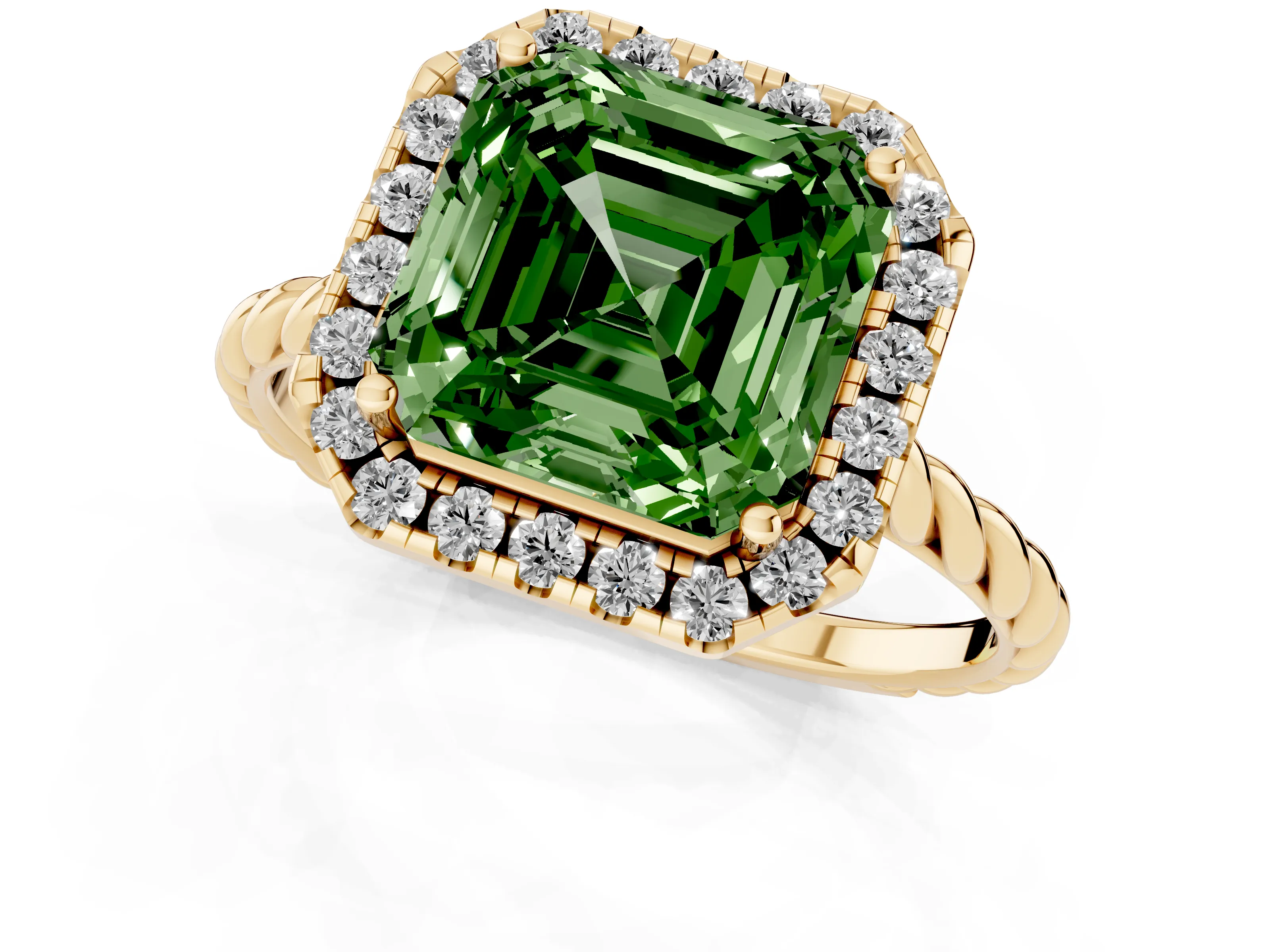 Fancy Green Asscher Cut Diamond Halo Ring Set in Yellow gold with Plain Twisted Band