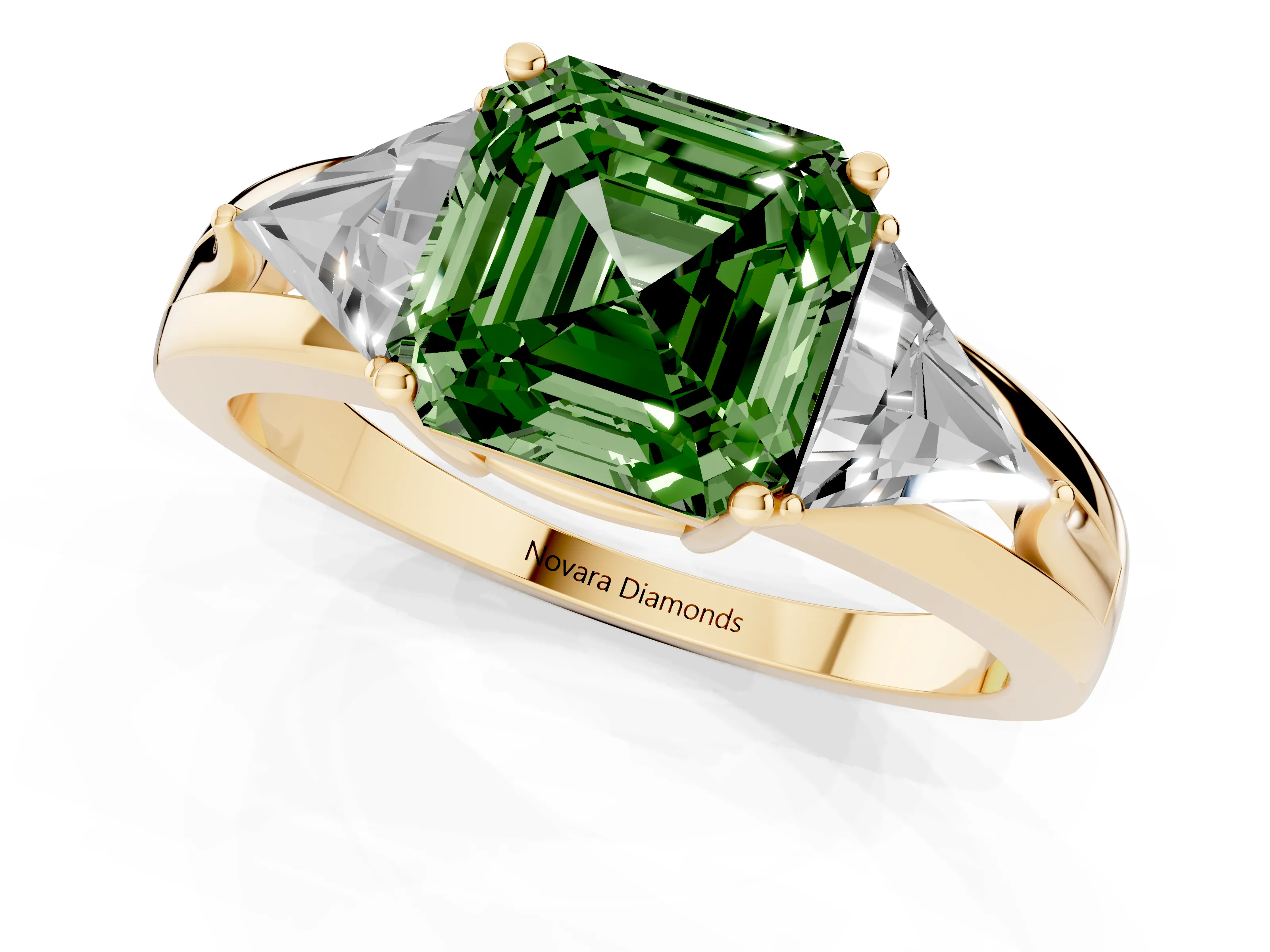Fancy Green Asscher Cut Diamond Three-Stone Ring Set in Yellow gold with Trillion Side Stones and Split Shank