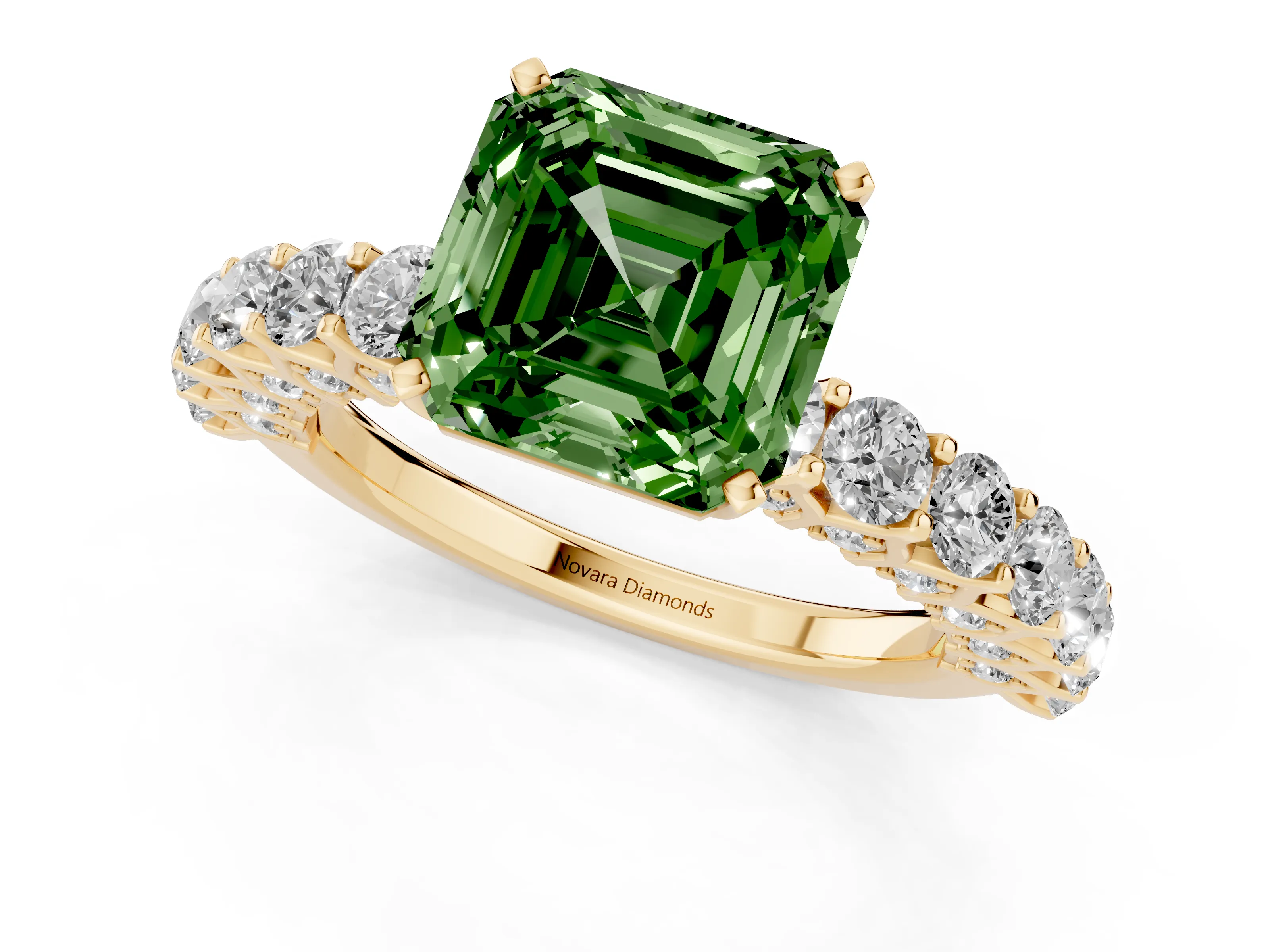 Fancy Green Asscher Cut Diamond Solitaire Ring Set in Yellow gold with Shared Prong Pavé Band