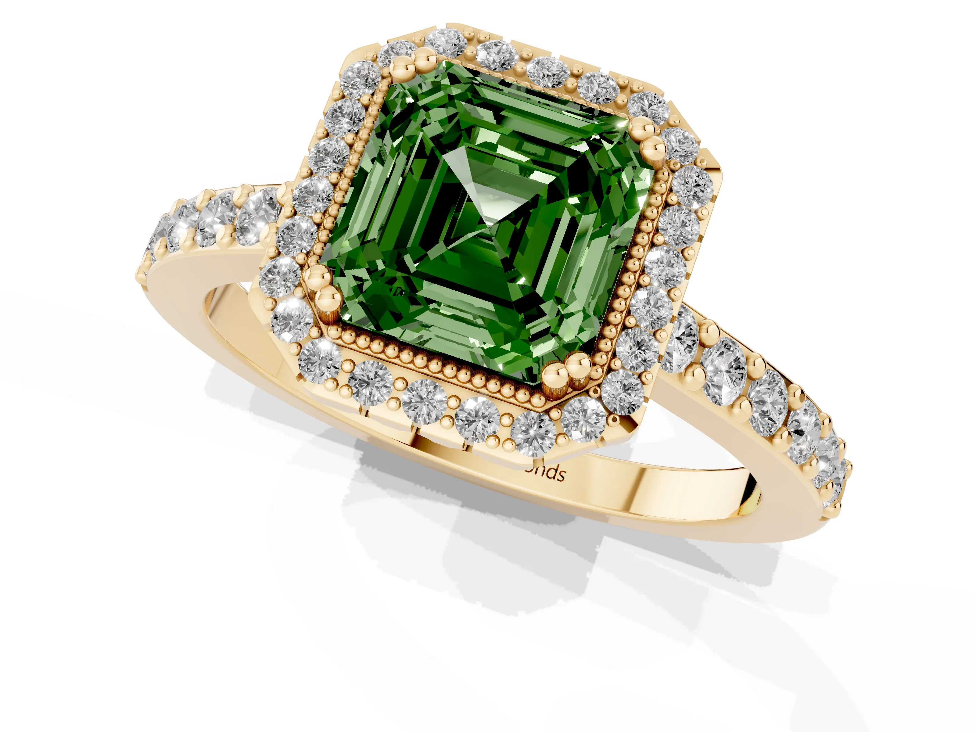 Fancy Green Asscher Cut Diamond Halo Engagement Ring Set in Yellow gold with Milgrain Detail and Pavé Band