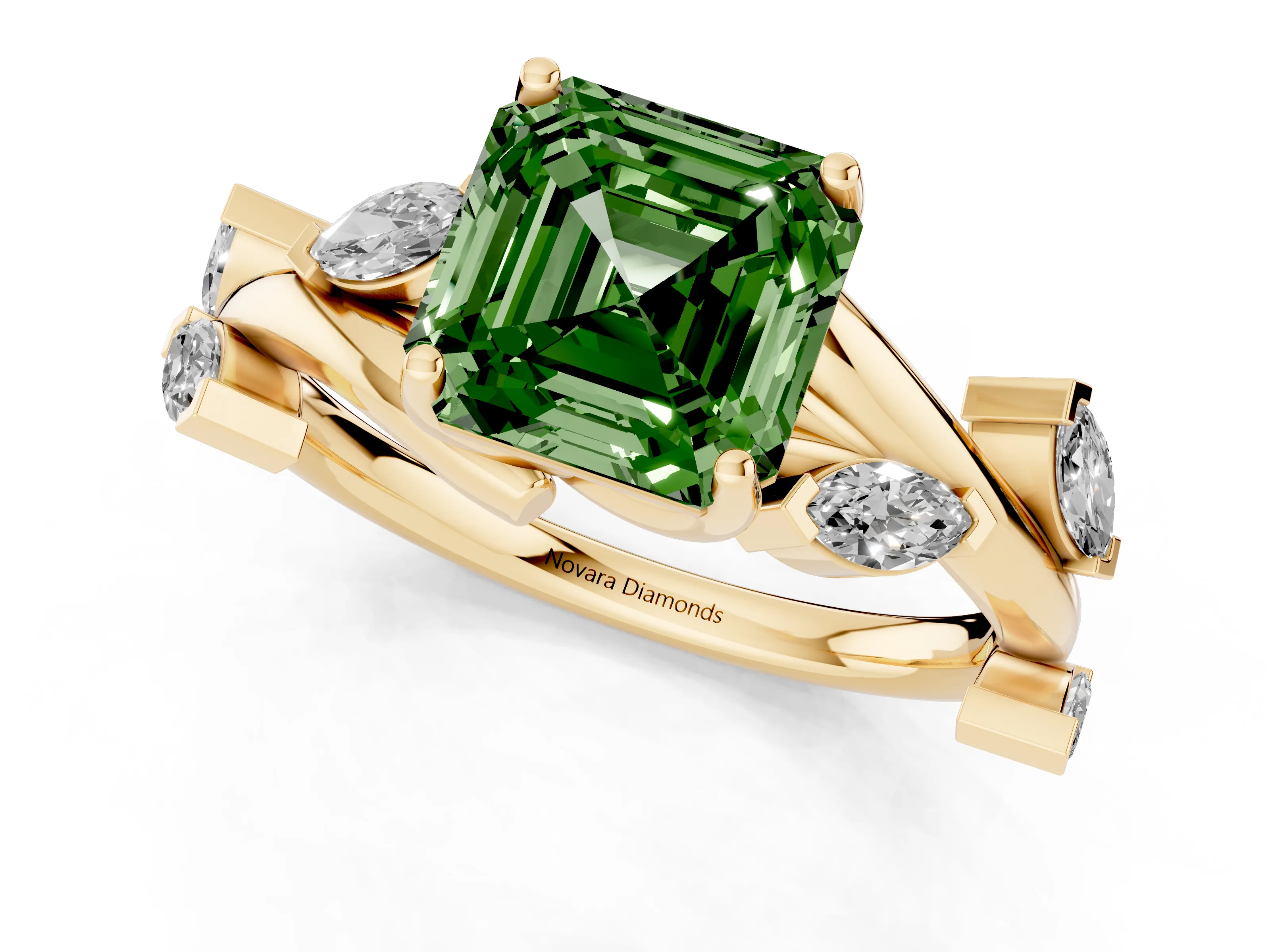 Fancy Green Asscher Cut Diamond Solitaire Ring Set in Yellow gold with Twisted Marquise Accent Band