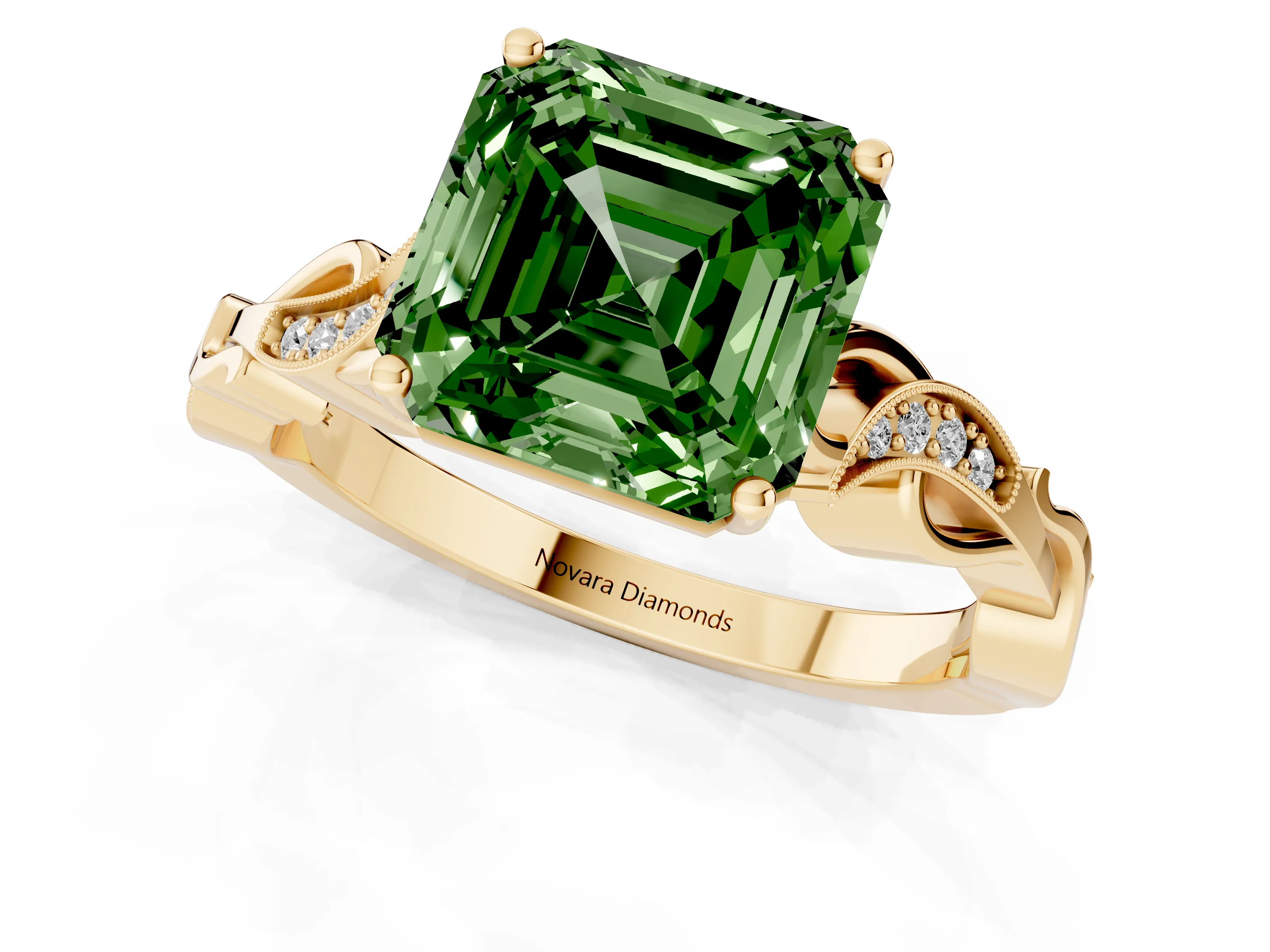Fancy Green Asscher Cut Diamond Vine Band Solitaire Ring Set in Yellow gold with Milgrain Prong Setting