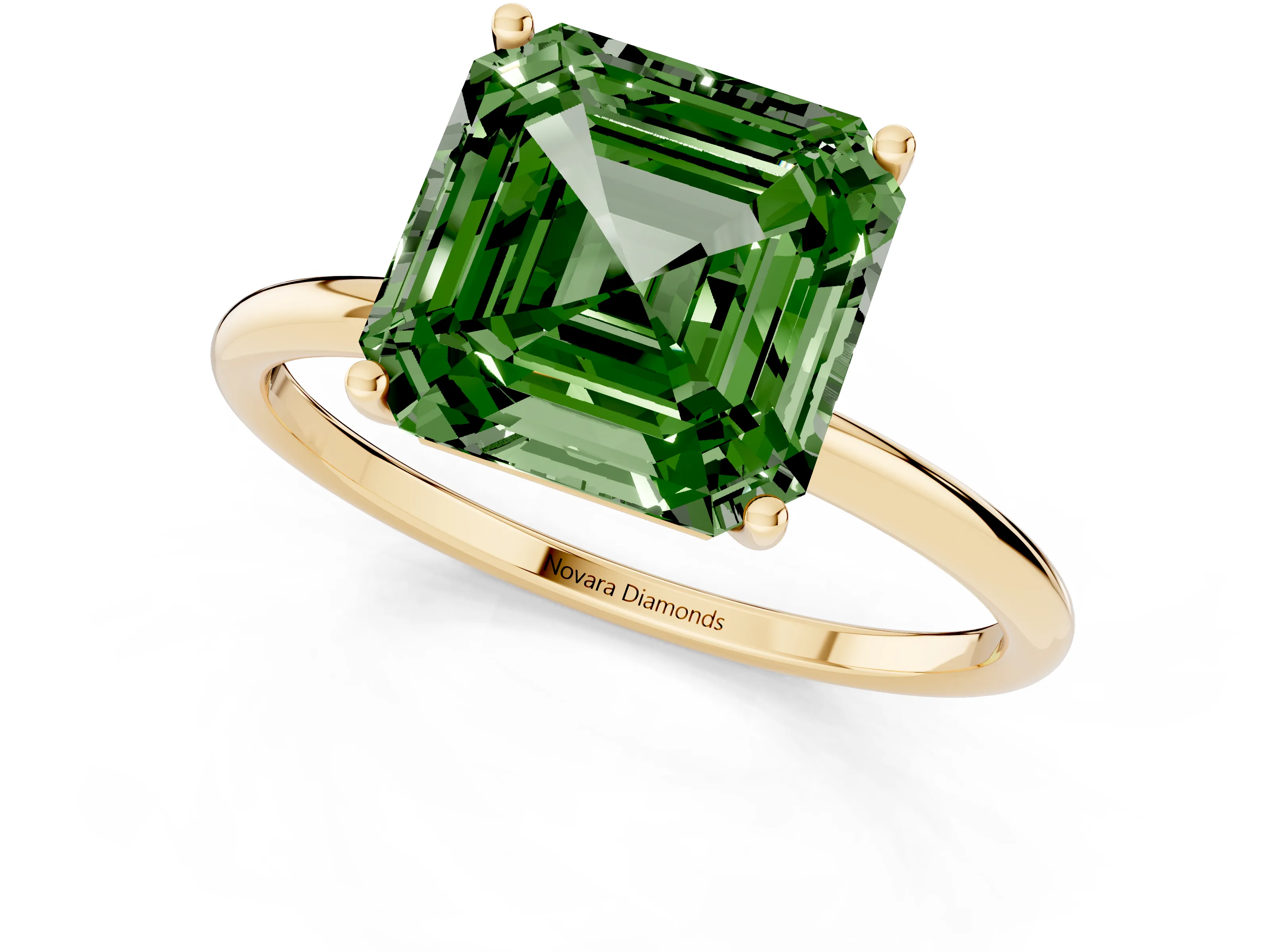 Fancy Green Asscher Cut Diamond Solitaire Engagement Ring Set in Yellow gold with Thin Band and Prong Setting