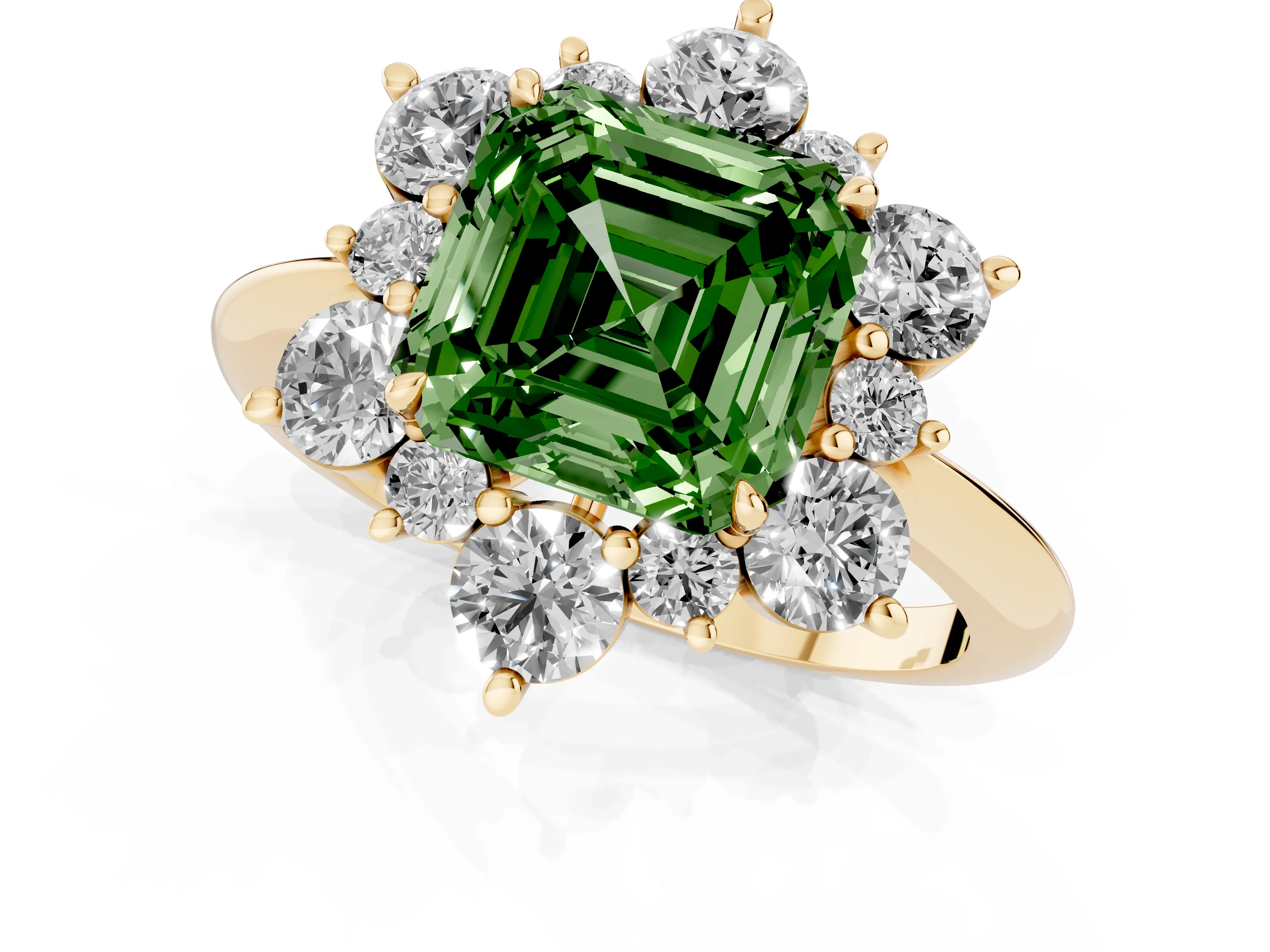 Fancy Green Asscher Cut Diamond Cluster Halo Ring Set in Yellow gold with Solitaire Band and Prong Setting