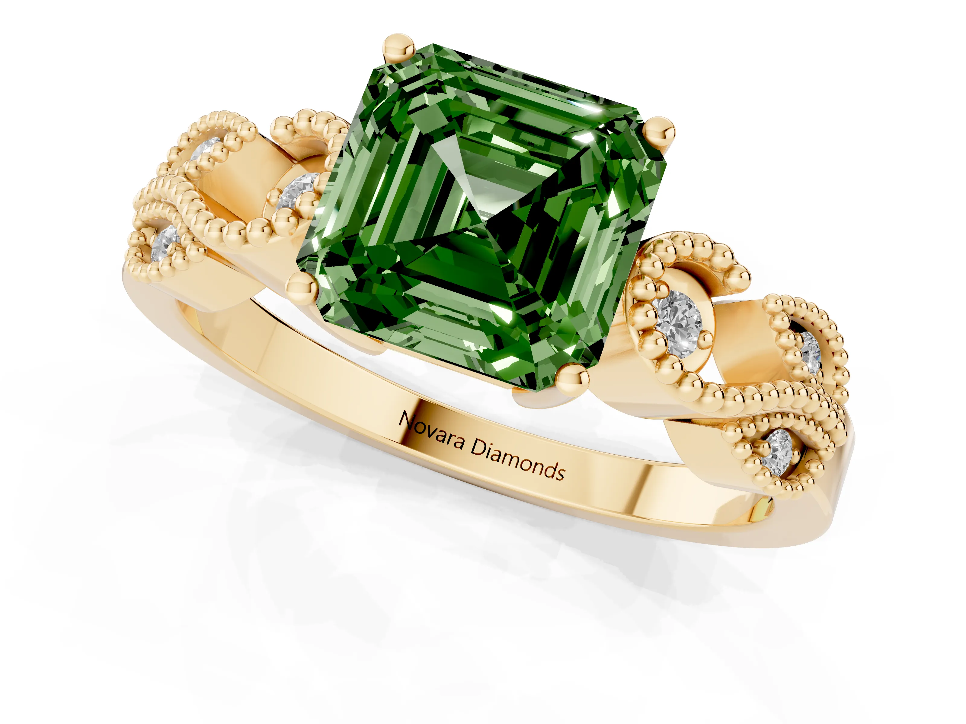 Fancy Green Asscher Cut Diamond Milgrain Leaf Band Solitaire Ring Set in Yellow gold with Accent Stones and Prong Setting