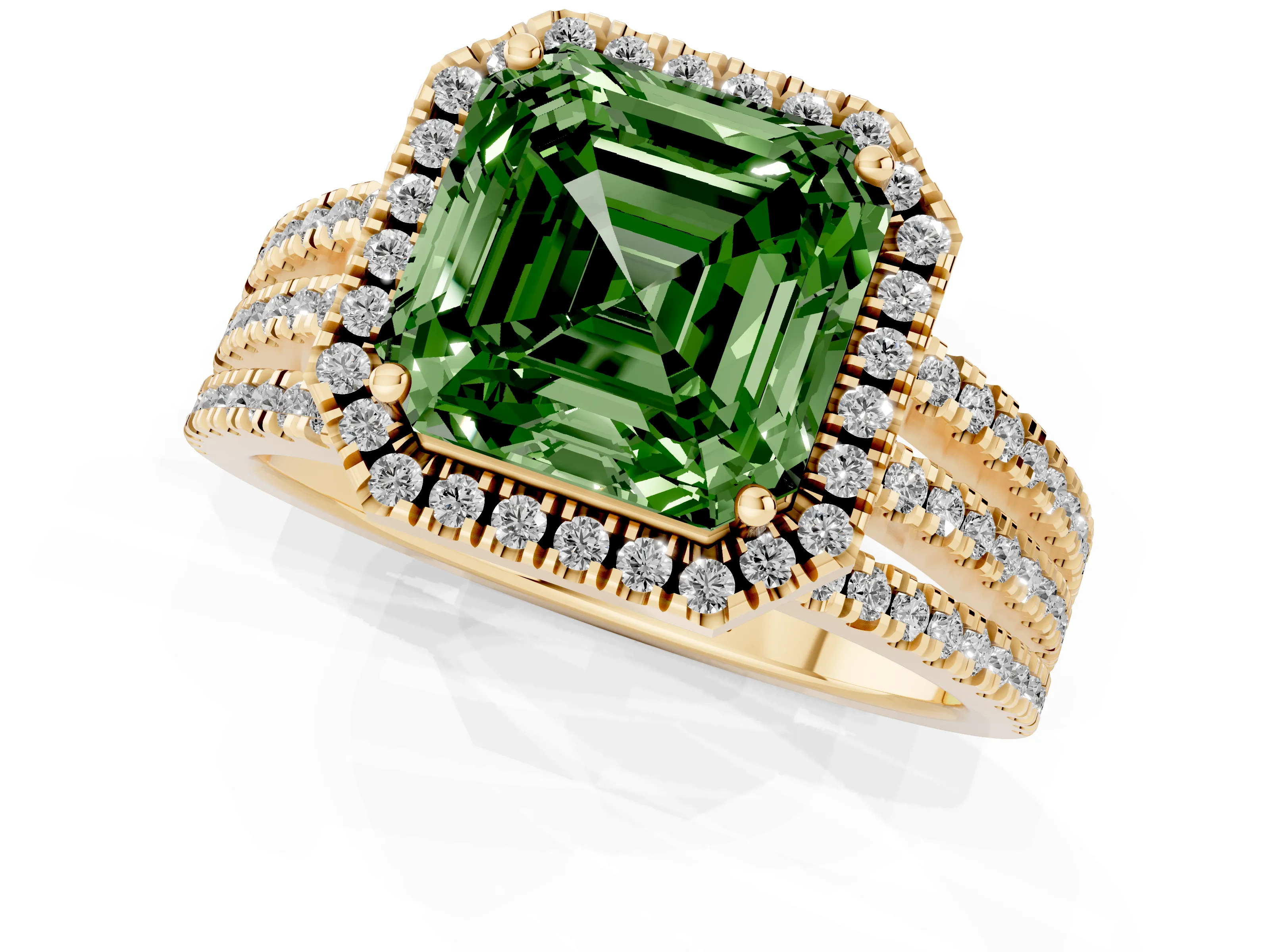 Fancy Green Asscher Cut Diamond Halo Split Shank Engagement Ring Set in Yellow gold with Prong Setting