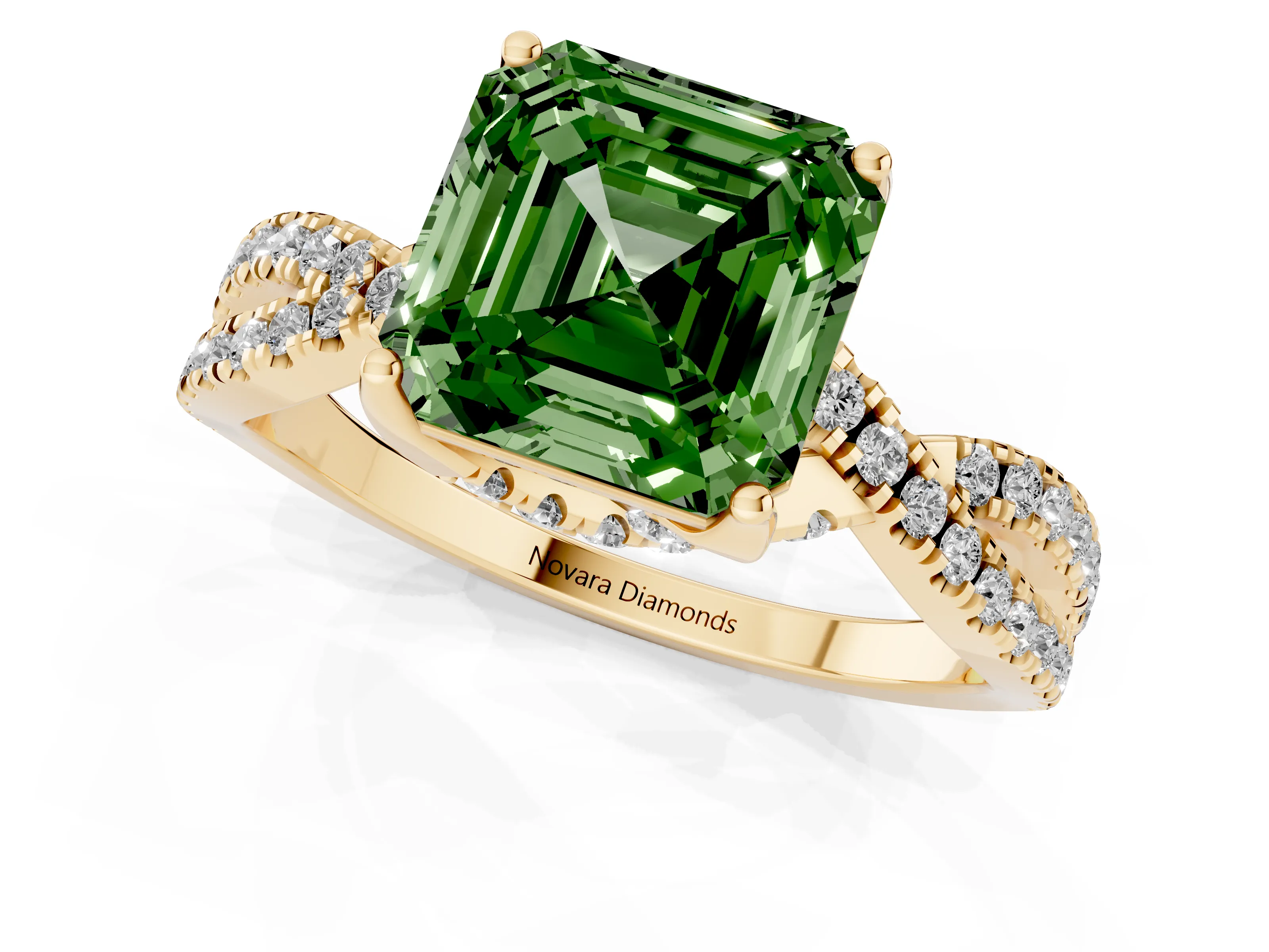 Fancy Green Asscher Cut Diamond Twist Pavé Solitaire Engagement Ring Set in Yellow gold with Prong Setting
