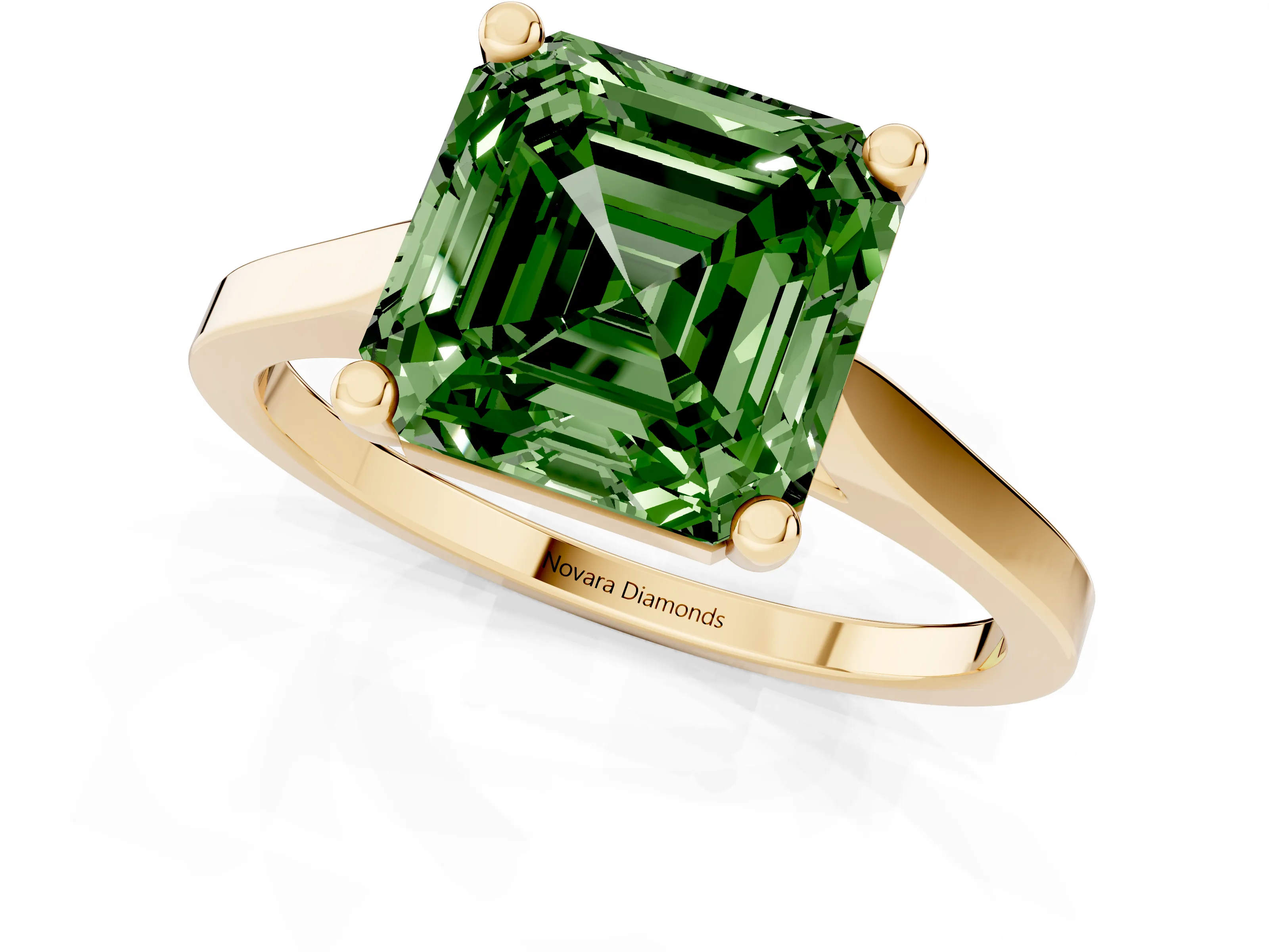 Fancy Green Asscher Cut Diamond Solitaire Ring Set in Yellow gold with Prong Setting and Tapered Band